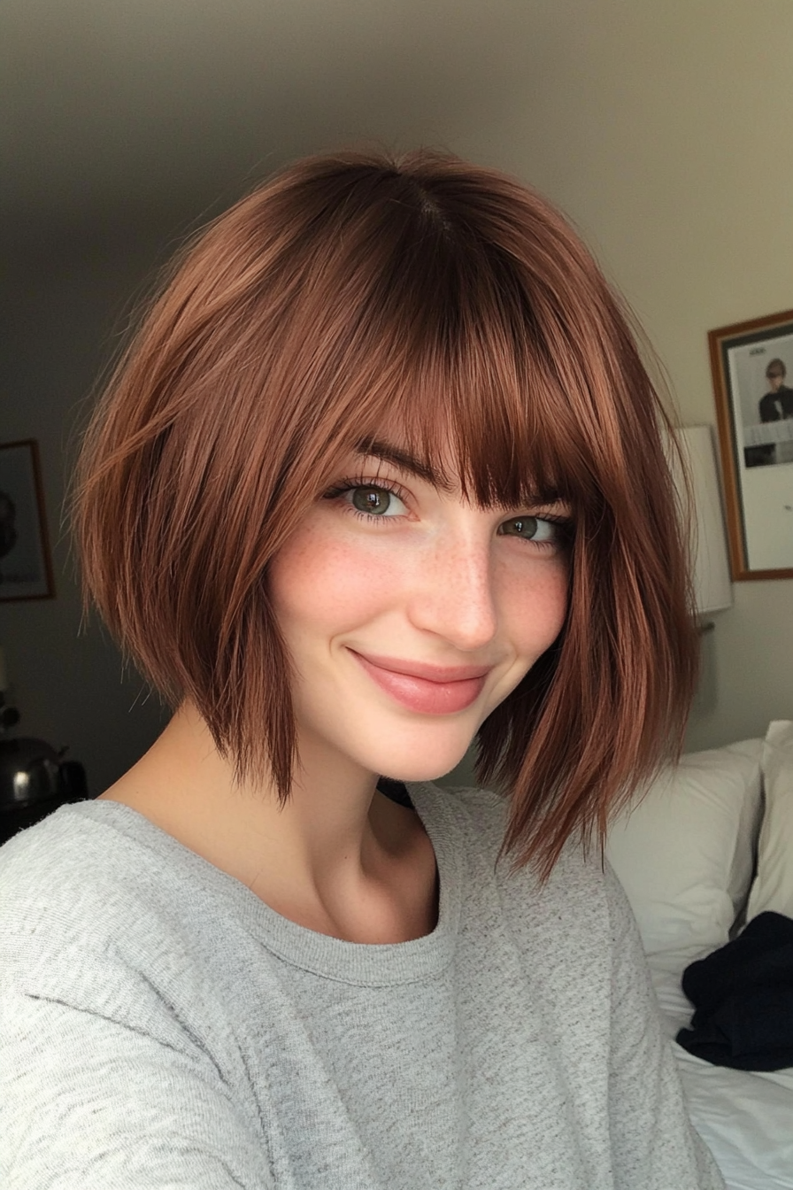 1. Soft Layered Bob with Wispy Bangs (Chestnut Brown) (Short Bob Hairstyles With Bangs) - Short Bob Hairstyles With Bangs