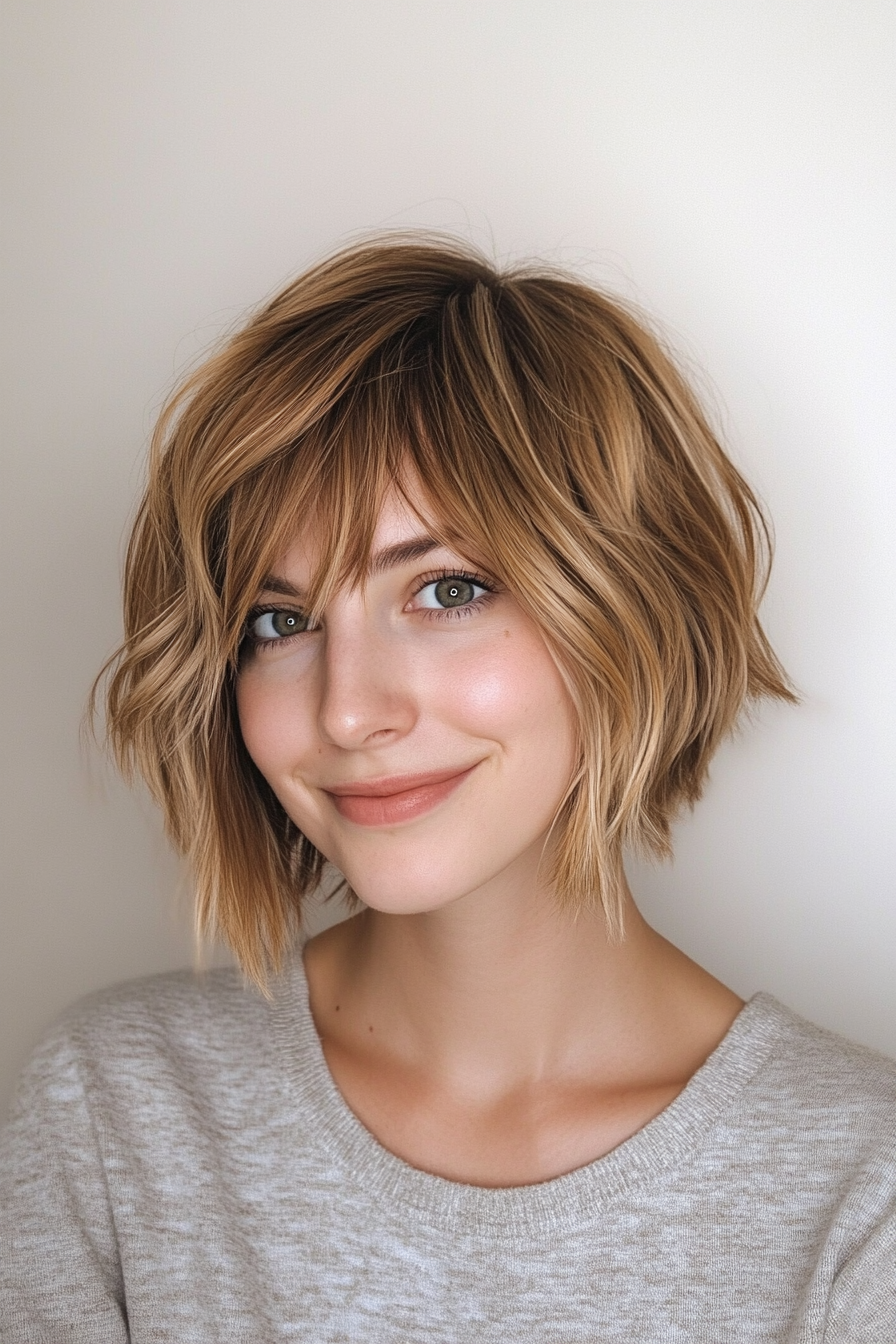 3. Textured French Bob with Side-Swept Bangs (Golden Brown) (Short Bob Hairstyles With Bangs) - Short Bob Hairstyles With Bangs