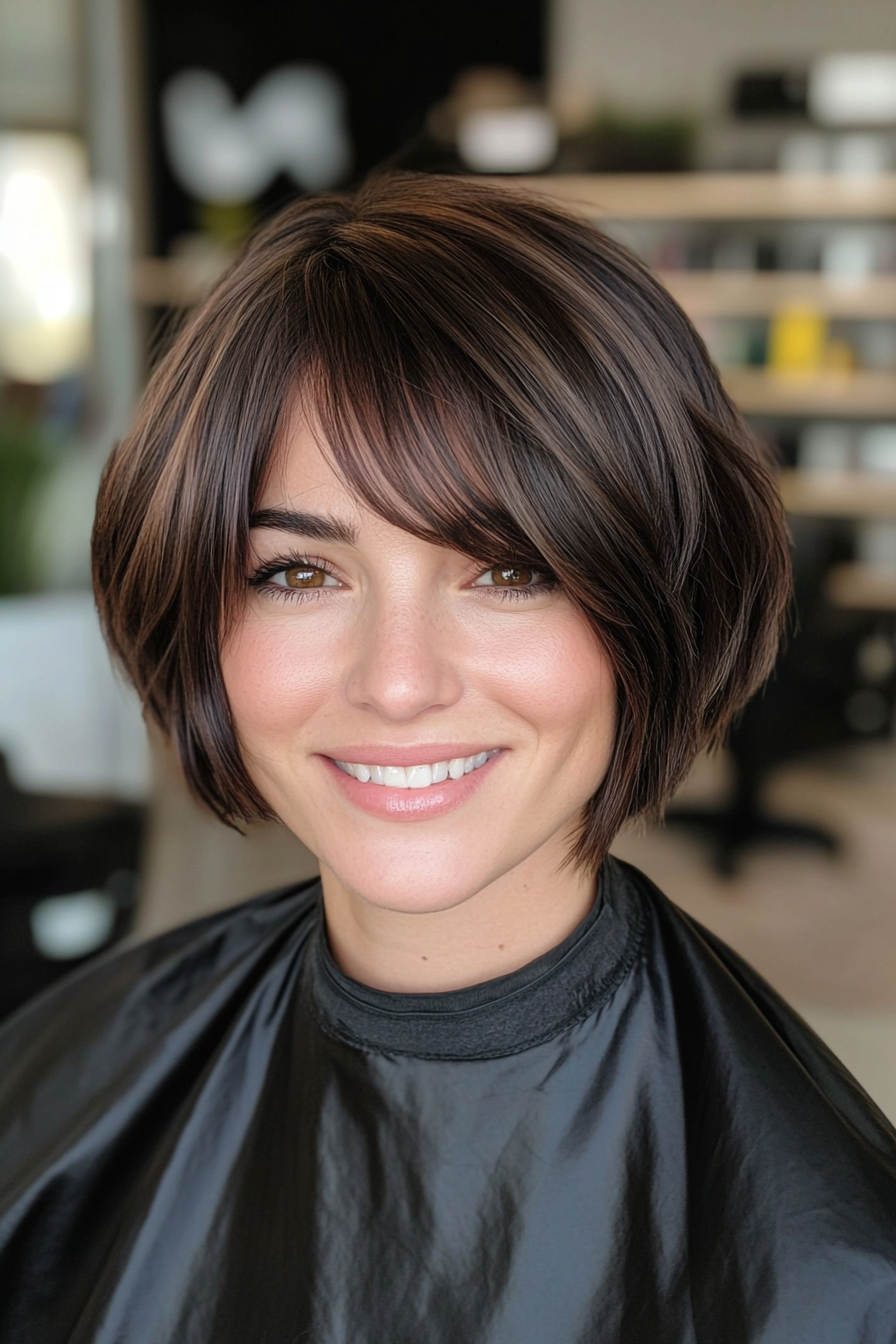 4. Layered Bob with Curtain Bangs (Dark Chocolate Brown) (Short Bob Hairstyles With Bangs) - Short Bob Hairstyles With Bangs