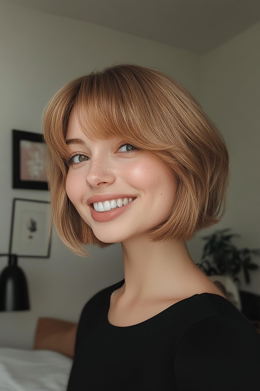 5. Curved Bob with Tapered Bangs (Honey Blonde) (Short Bob Hairstyles With Bangs) - Short Bob Hairstyles With Bangs