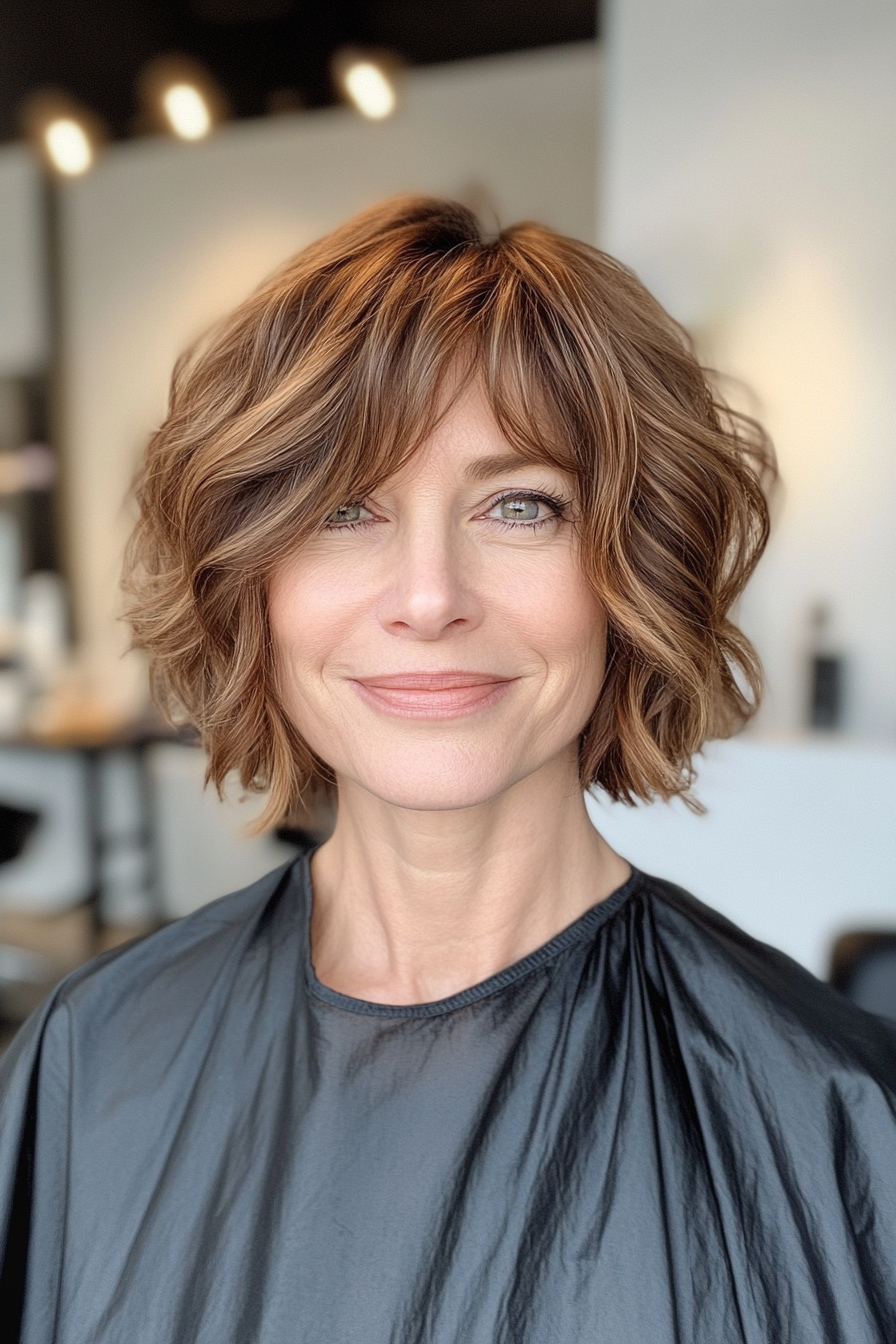8. Wavy Bob with Blended Bangs (Warm Chestnut) (Short Bob Hairstyles With Bangs) - Short Bob Hairstyles With Bangs