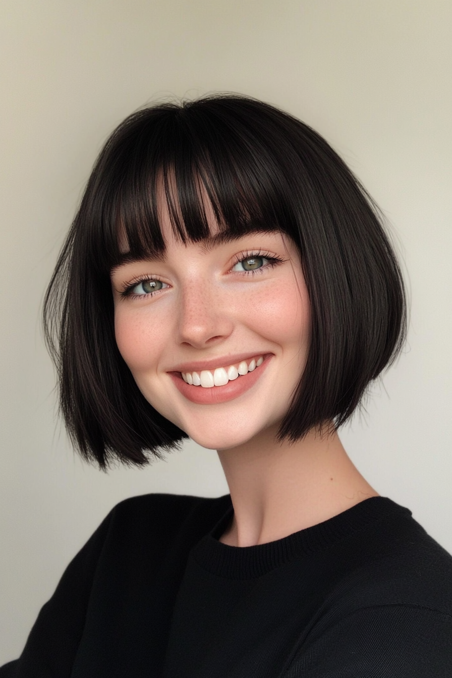 9. Jaw-Length Bob with Baby Bangs (Natural Black) (Short Bob Hairstyles With Bangs) - Short Bob Hairstyles With Bangs