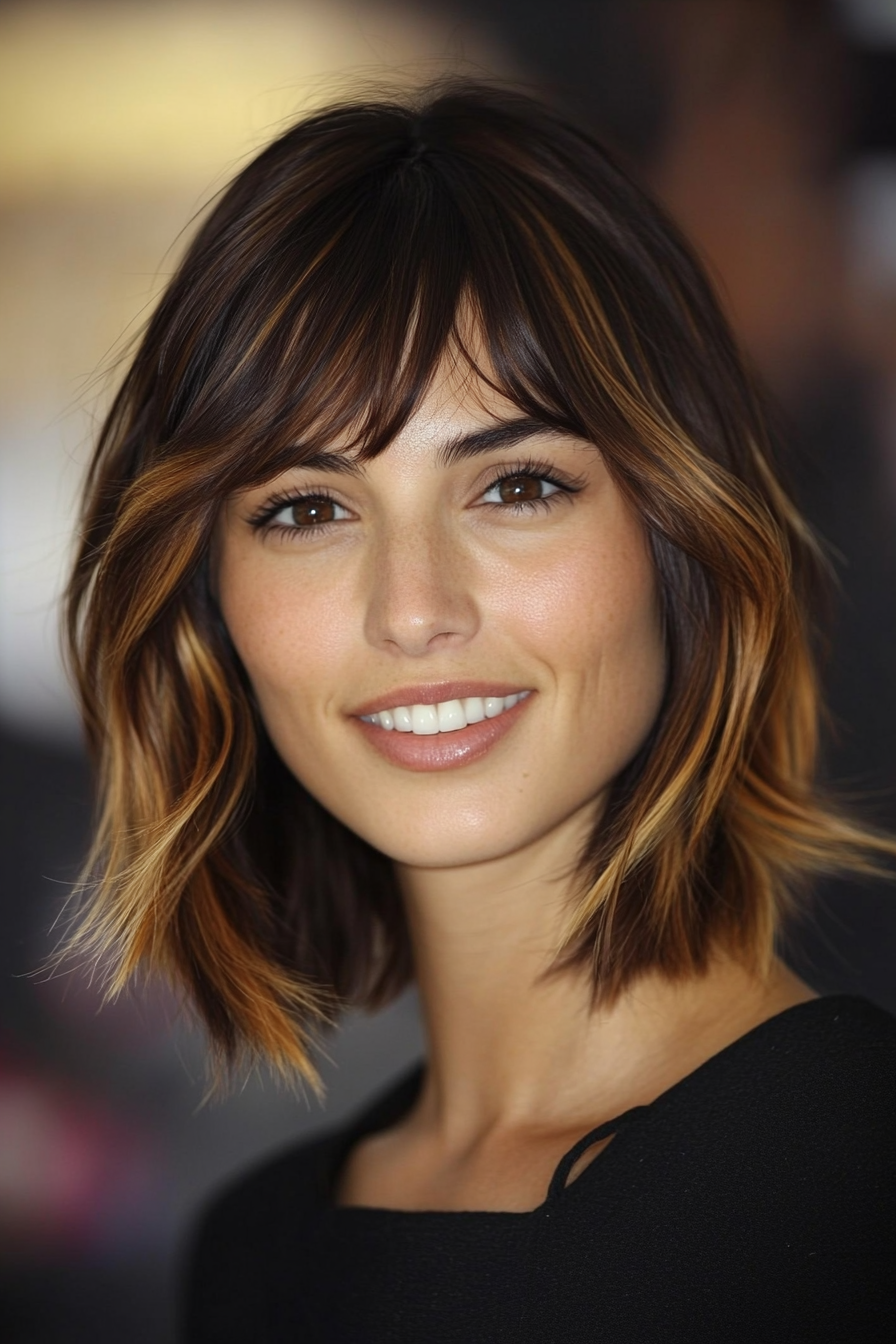 10. A-Line Bob with Feathered Bangs (Medium Brown with Caramel Highlights) (Short Bob Hairstyles With Bangs) - Short Bob Hairstyles With Bangs