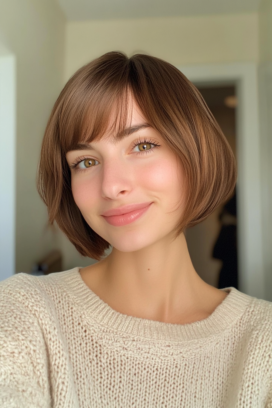 11. Short Blunt Bob with Side Bangs (Light Brown) (Short Bob Hairstyles With Bangs) - Short Bob Hairstyles With Bangs