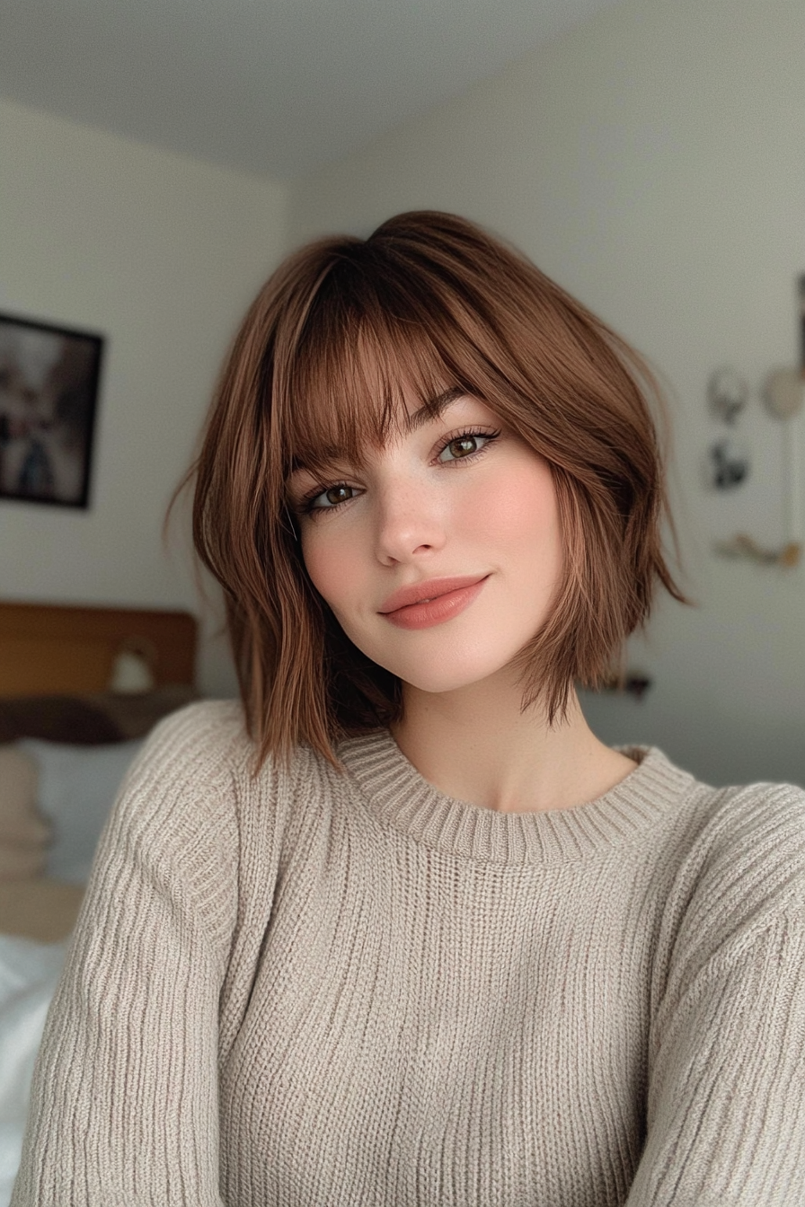 12. Sculpted Bob with Layered Bangs (Soft Auburn) (Short Bob Hairstyles With Bangs) - Short Bob Hairstyles With Bangs