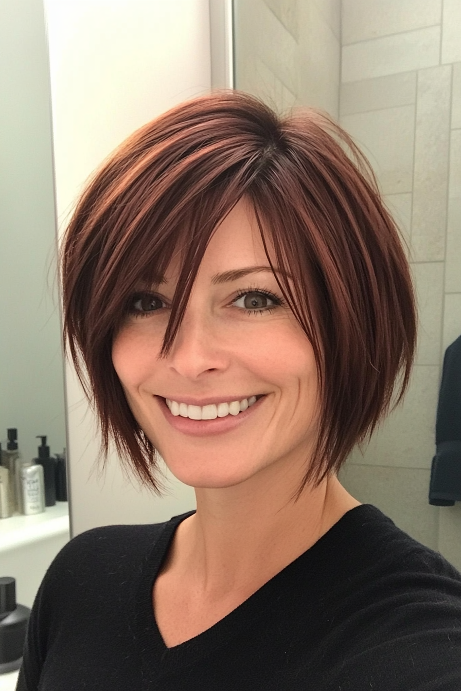 13. Stacked Bob with Wispy Fringe (Deep Mahogany) (Short Bob Hairstyles With Bangs) - Short Bob Hairstyles With Bangs