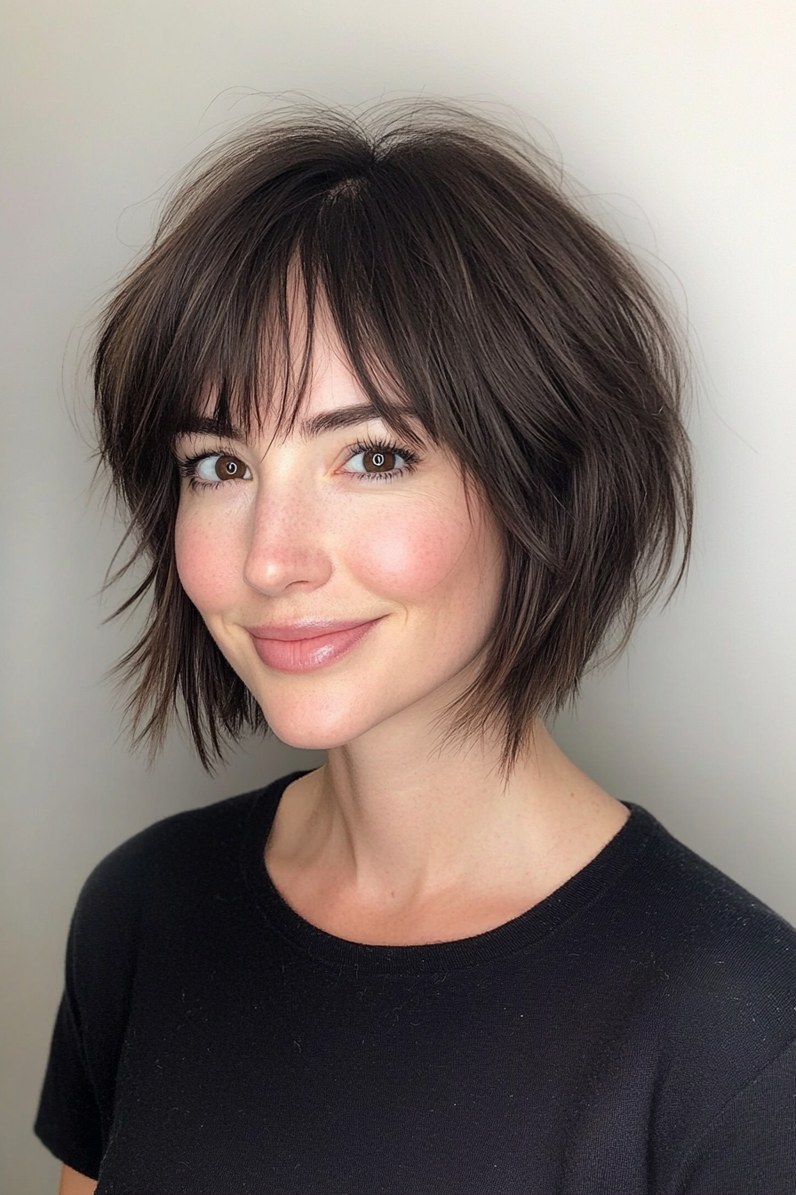 14. Choppy Bob with Peekaboo Bangs (Dark Brown with Subtle Highlights) (Short Bob Hairstyles With Bangs) - Short Bob Hairstyles With Bangs