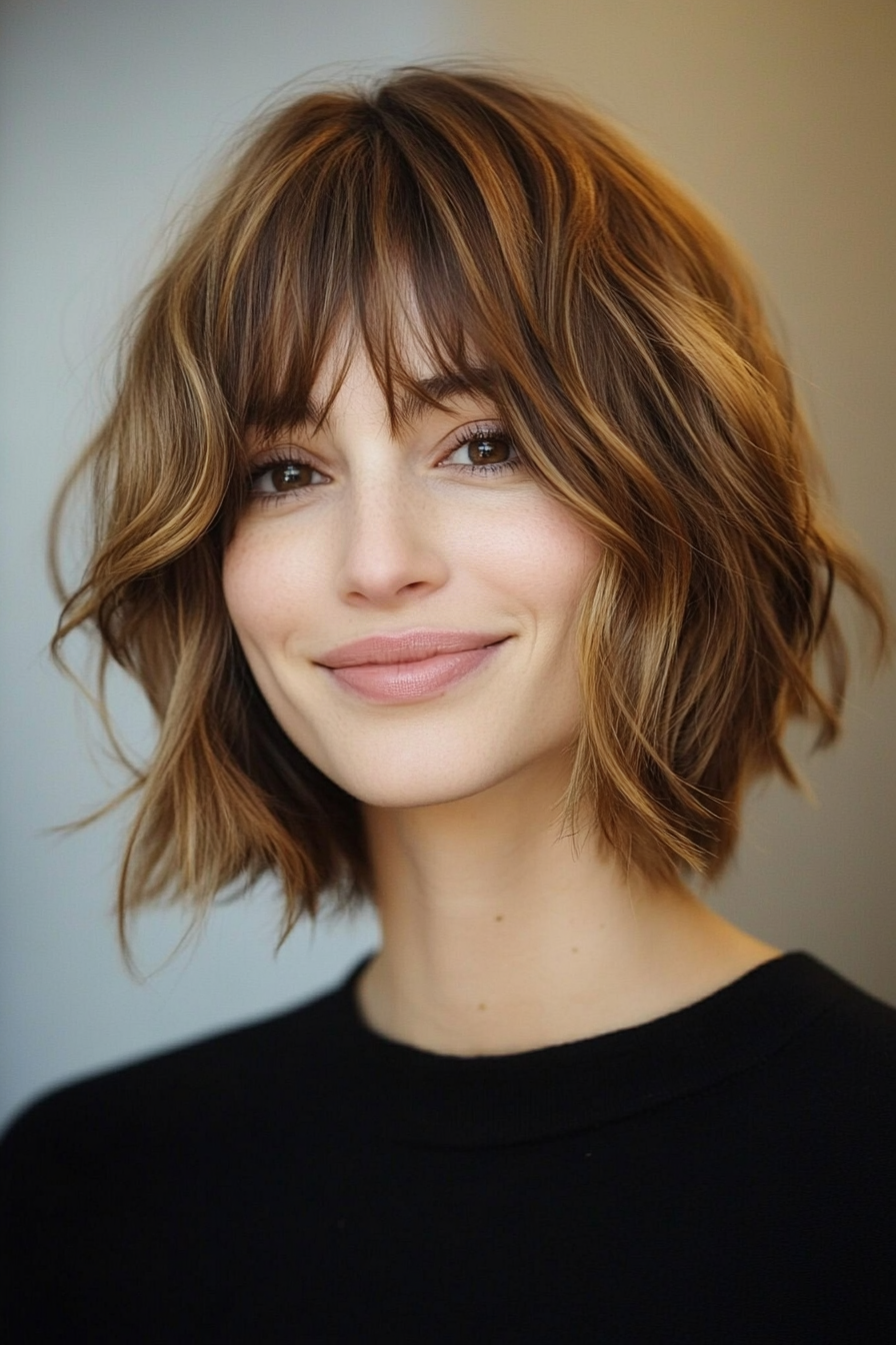 16. Tousled Bob with Face-Framing Bangs (Golden Honey Brown) (Short Bob Hairstyles With Bangs) - Short Bob Hairstyles With Bangs