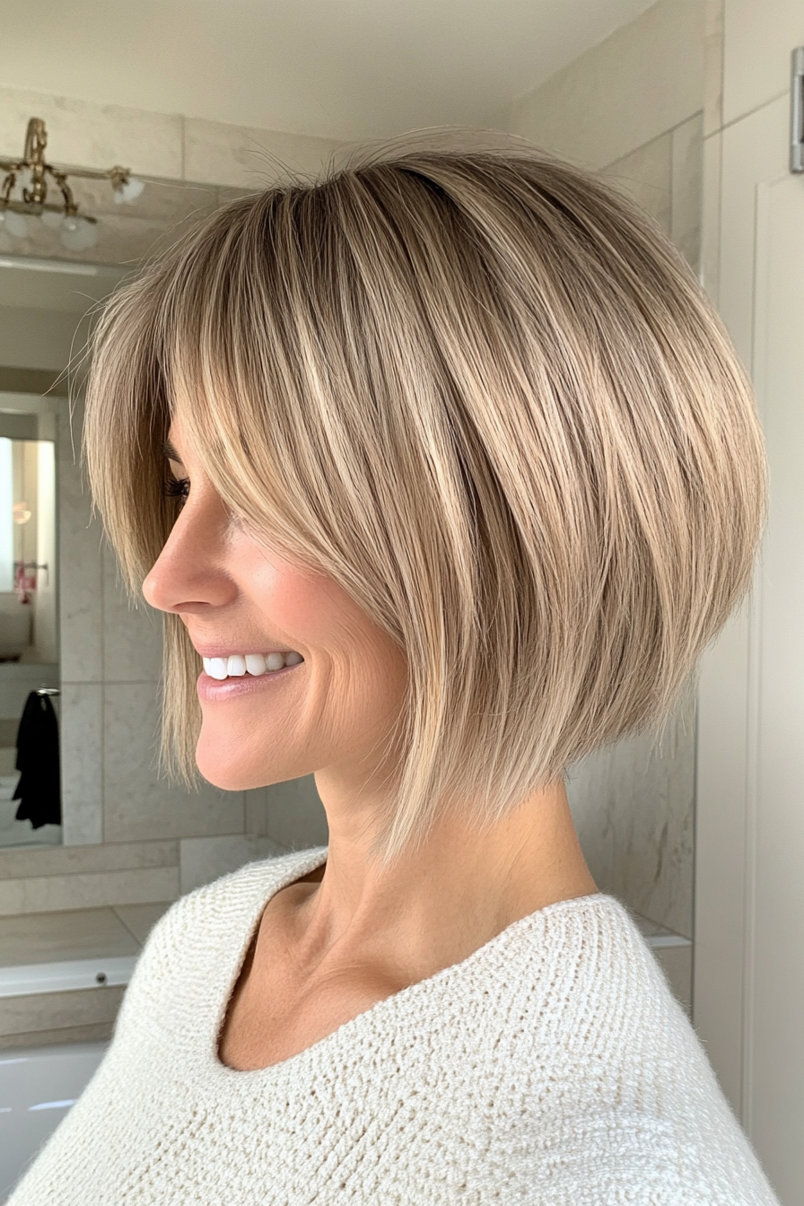 19. Graduated Bob with Textured Bangs (Sandy Blonde) (Short Bob Hairstyles With Bangs) - Short Bob Hairstyles With Bangs