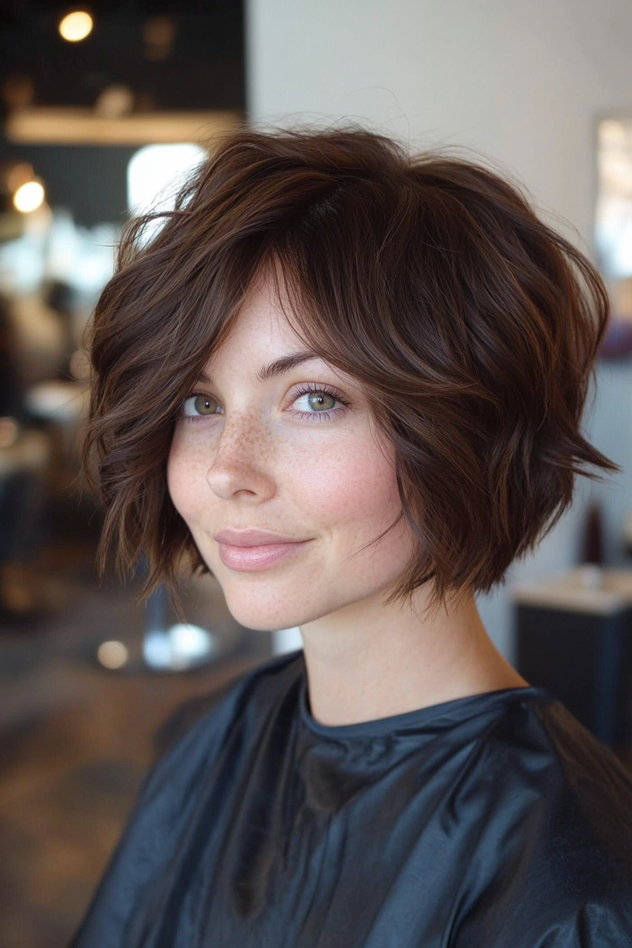 20. Wavy Short Bob with Soft Bangs (Caramel Brown) (Short Bob Hairstyles With Bangs) - Short Bob Hairstyles With Bangs