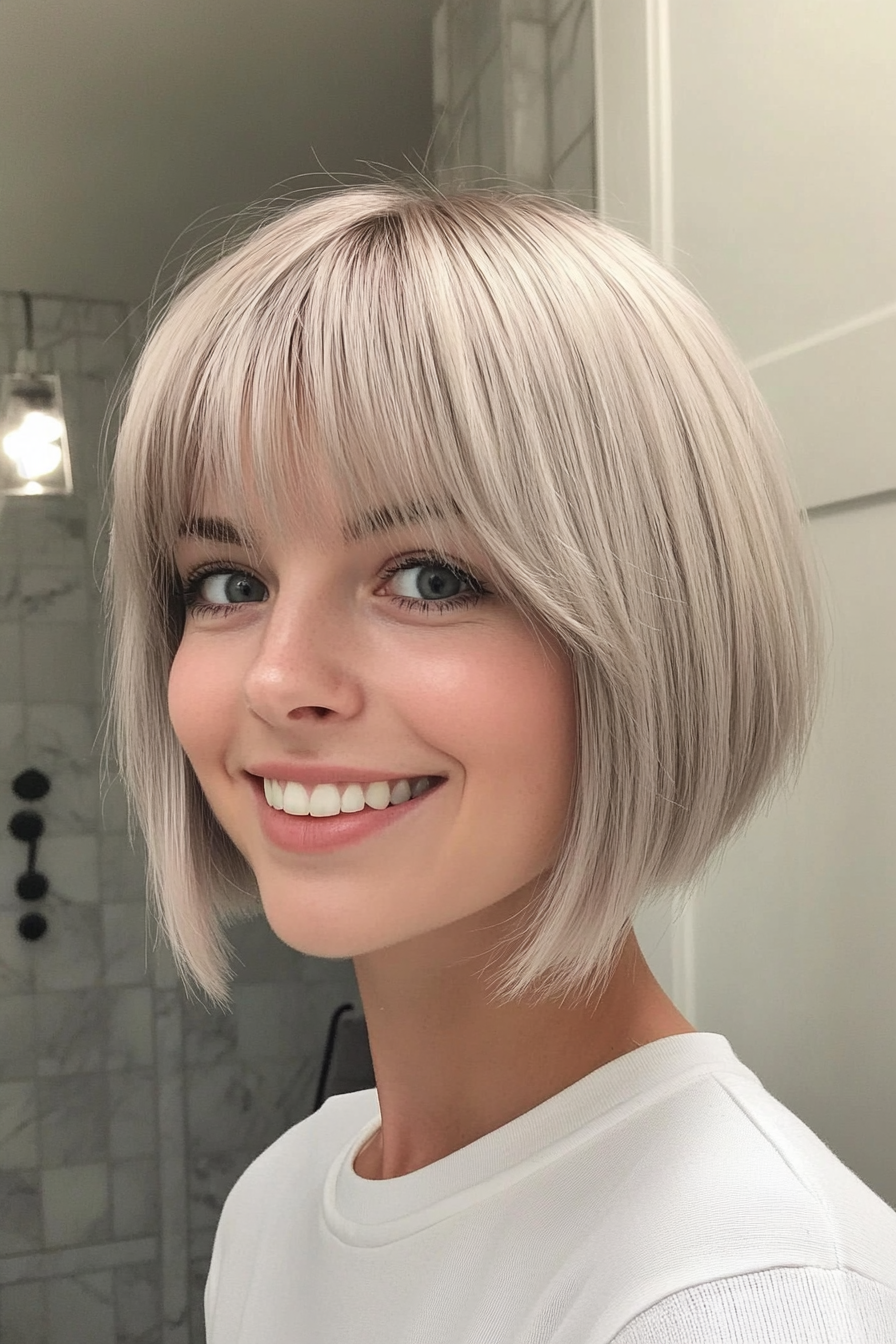 21. Mini Bob with Wispy Bangs (Ash Blonde) (Short Bob Hairstyles With Bangs) - Short Bob Hairstyles With Bangs