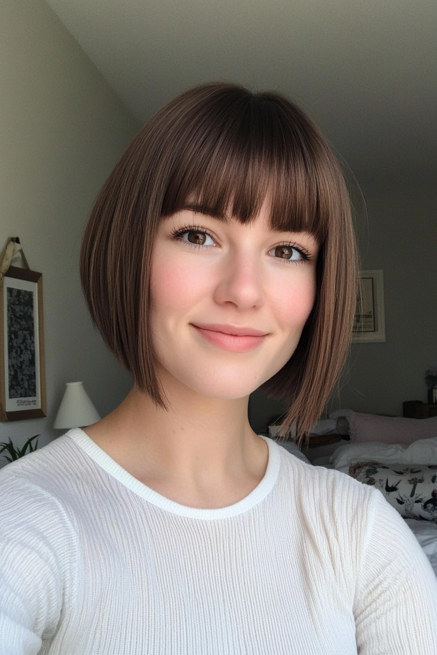 22. Ear-Length Bob with Tucked Bangs (Warm Medium Brown) (Short Bob Hairstyles With Bangs) - Short Bob Hairstyles With Bangs