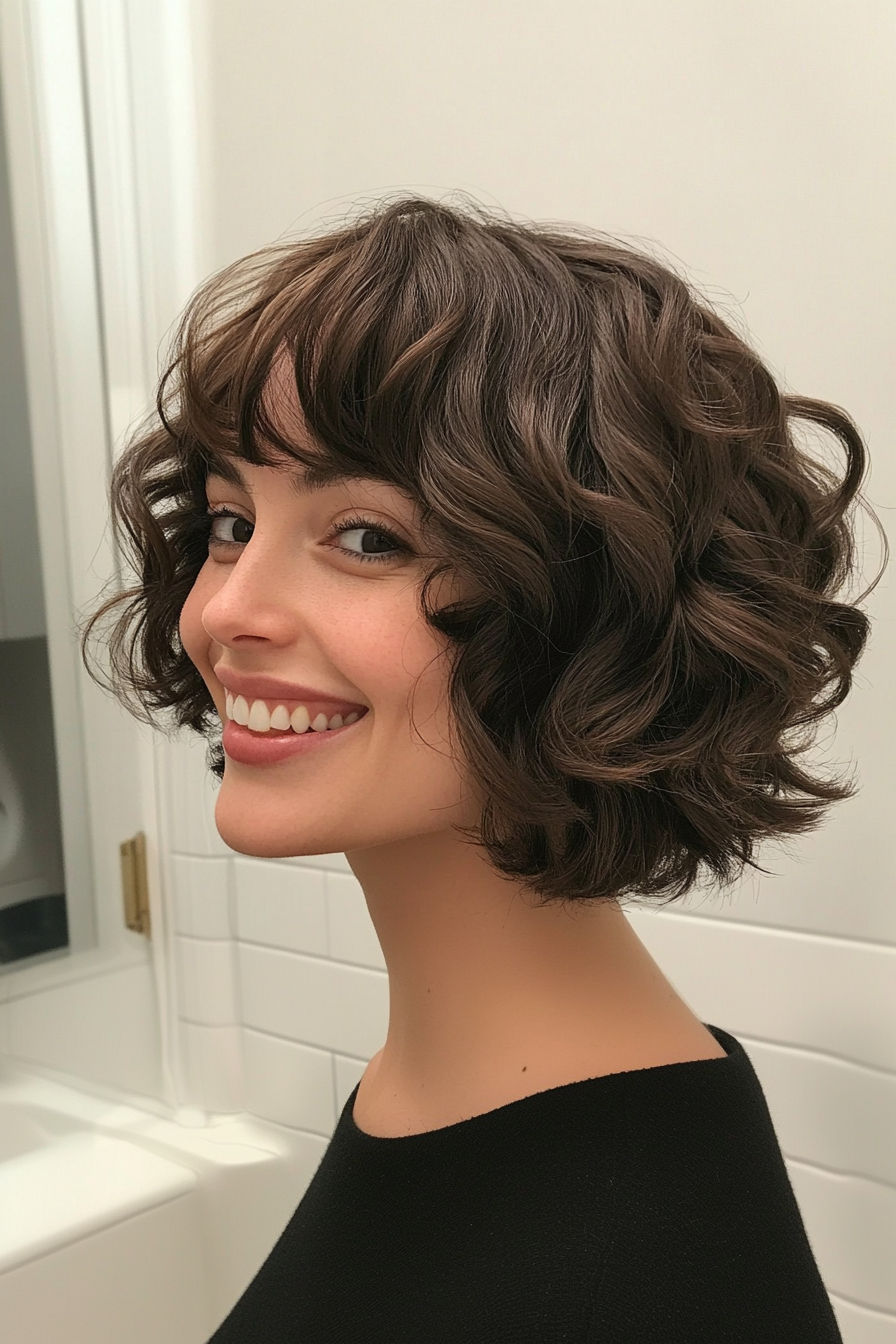 23. Curly Bob with Blended Bangs (Natural Dark Brown) (Short Bob Hairstyles With Bangs) - Short Bob Hairstyles With Bangs
