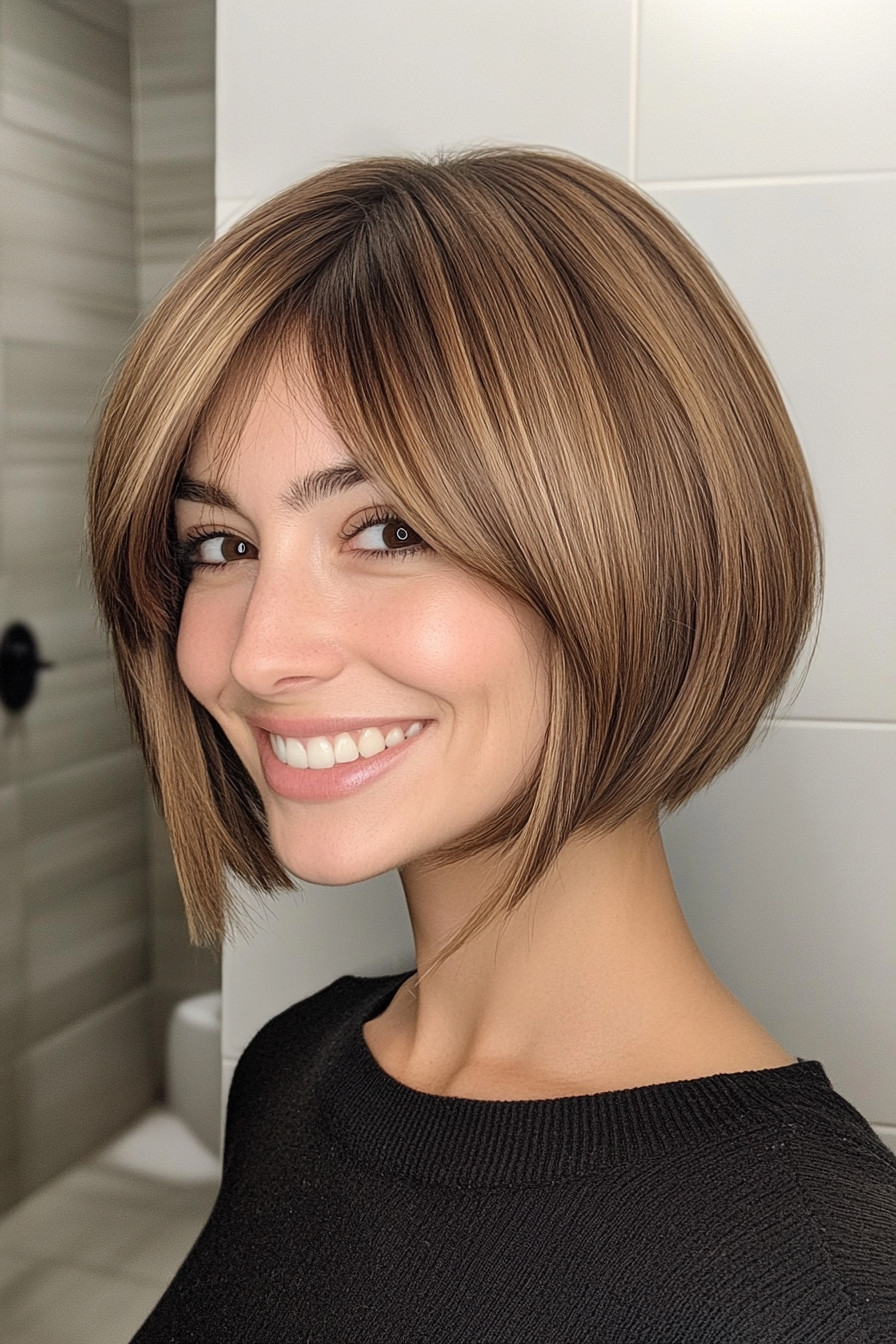 24. Polished Bob with Side-Parted Bangs (Rich Hazelnut) (Short Bob Hairstyles With Bangs) - Short Bob Hairstyles With Bangs