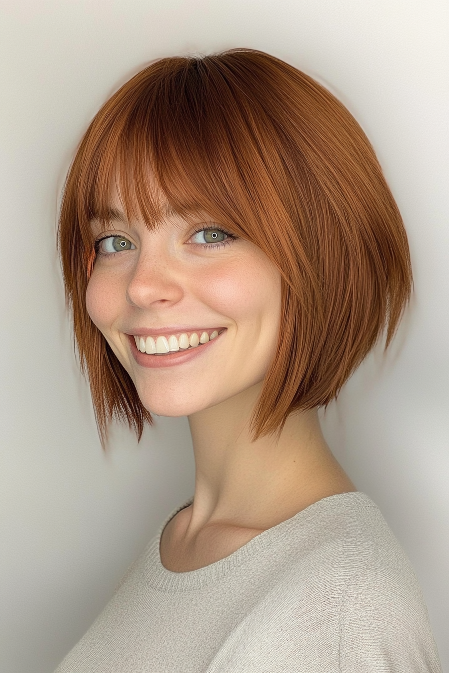 25. Edgy Short Bob with Layered Bangs (Deep Copper Red) (Short Bob Hairstyles With Bangs) - Short Bob Hairstyles With Bangs