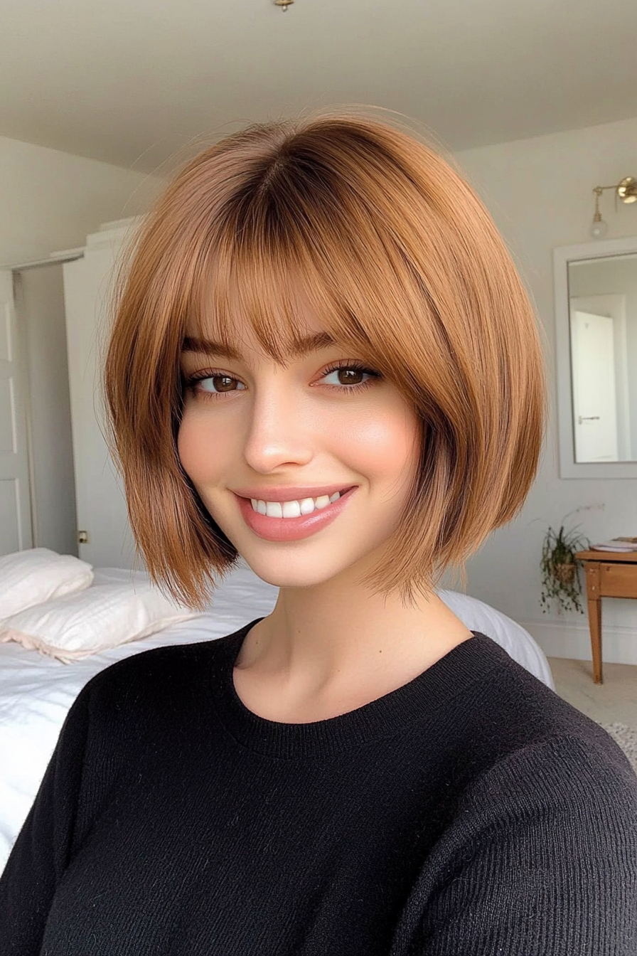 26. Feathered Bob with Soft Bangs (Golden Chestnut Brown) (Short Bob Hairstyles With Bangs) - Short Bob Hairstyles With Bangs