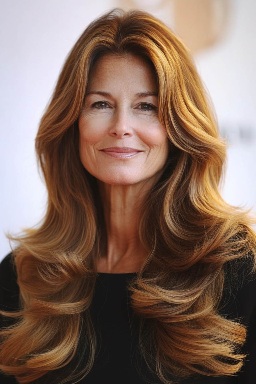 1. Feathered Layers in Soft Chestnut (Hairstyles For Women Over 60 With Long Hair) - Hairstyles For Women Over 60 With Long Hair