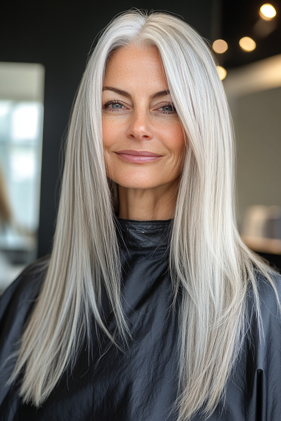 2. Classic Straight Cut with Silver Shine (Hairstyles For Women Over 60 With Long Hair) - Hairstyles For Women Over 60 With Long Hair
