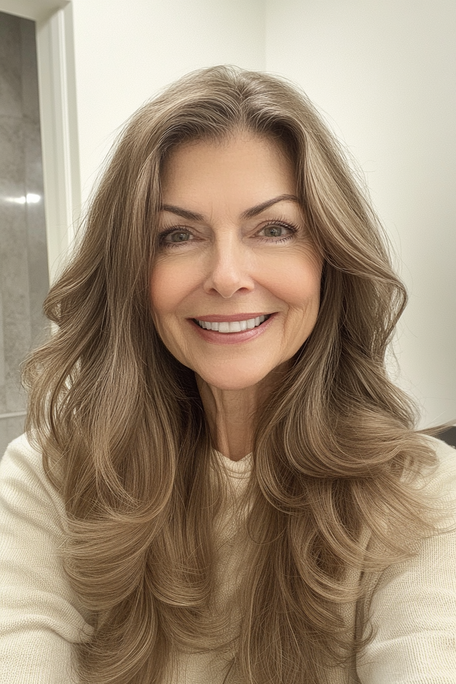 3. Wavy Cascade in Warm Brunette (Hairstyles For Women Over 60 With Long Hair) - Hairstyles For Women Over 60 With Long Hair