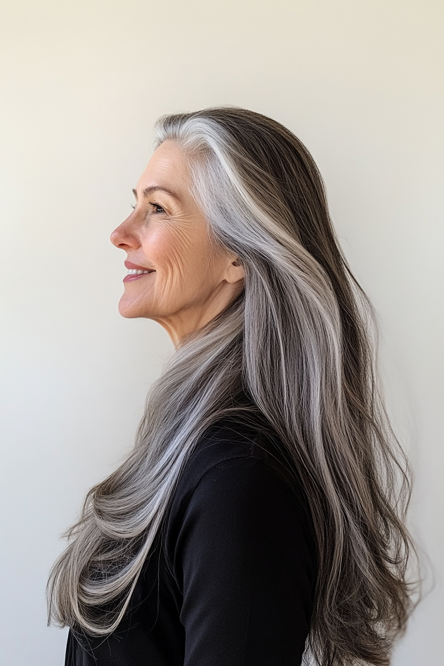 5. Long and Flowing with Salt-and-Pepper Blend (Hairstyles For Women Over 60 With Long Hair) - Hairstyles For Women Over 60 With Long Hair