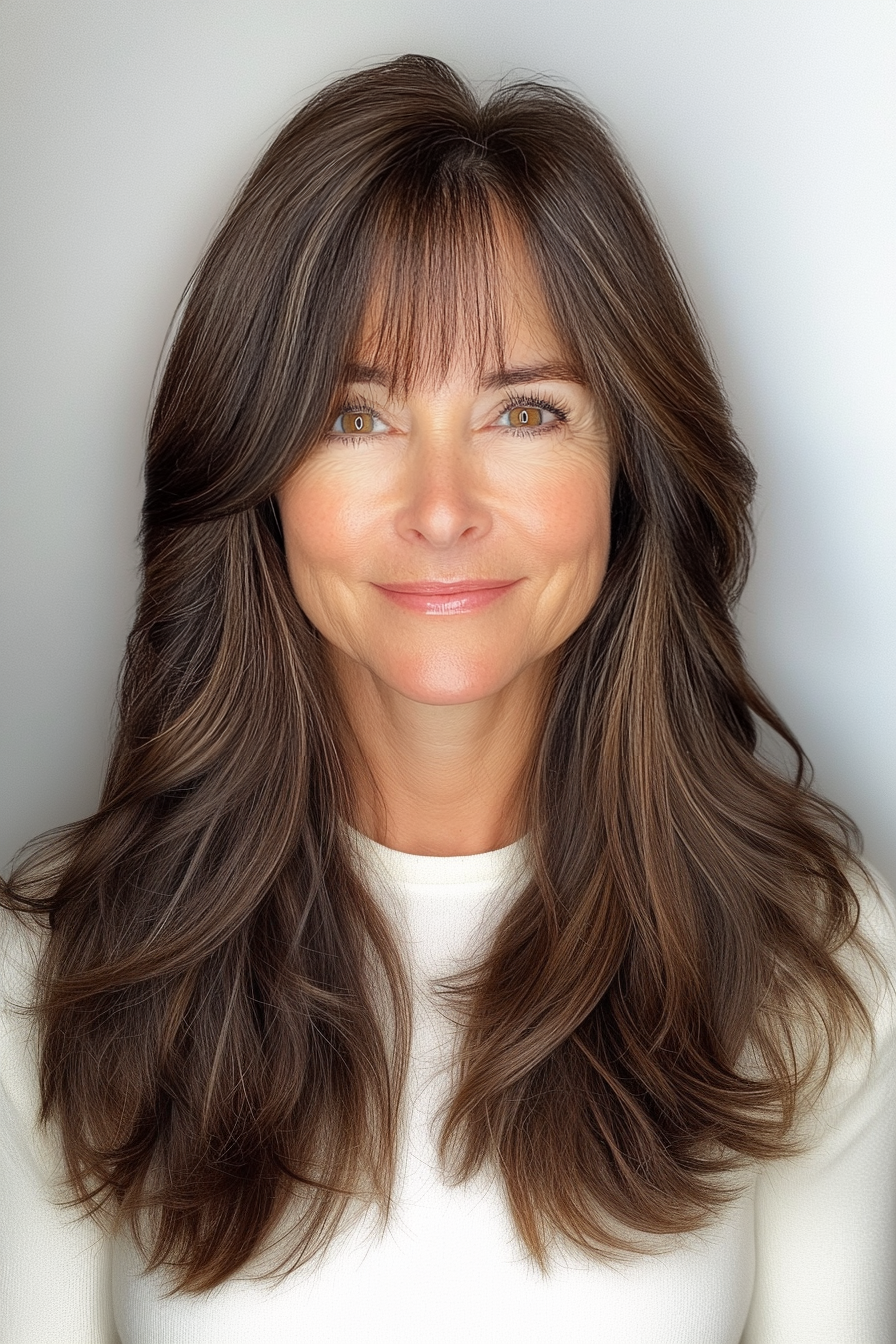 6. Layered Curtain Bangs in Deep Espresso (Hairstyles For Women Over 60 With Long Hair) - Hairstyles For Women Over 60 With Long Hair