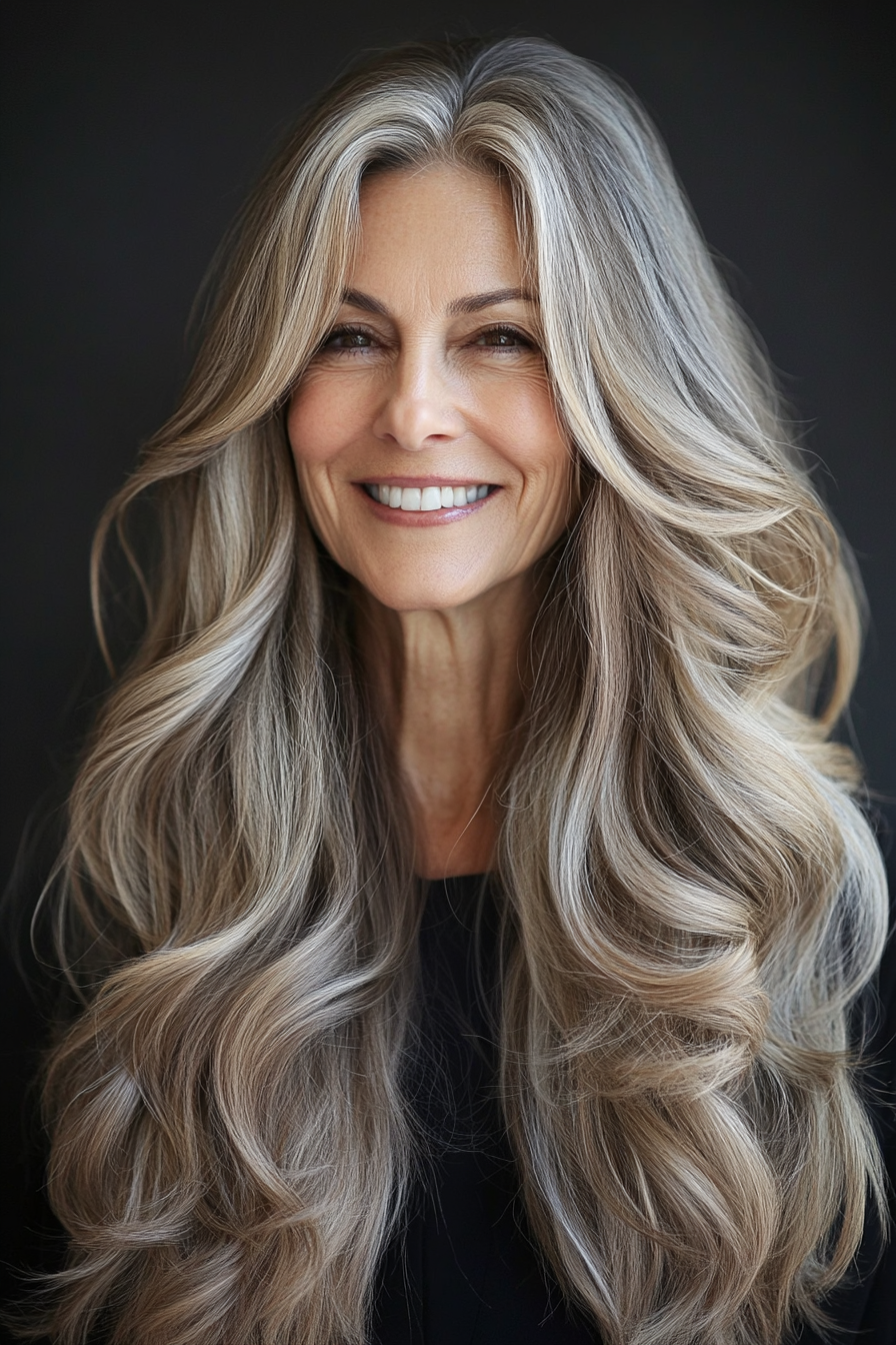 8. Long Beachy Waves in Cool Ash Brown (Hairstyles For Women Over 60 With Long Hair) - Hairstyles For Women Over 60 With Long Hair