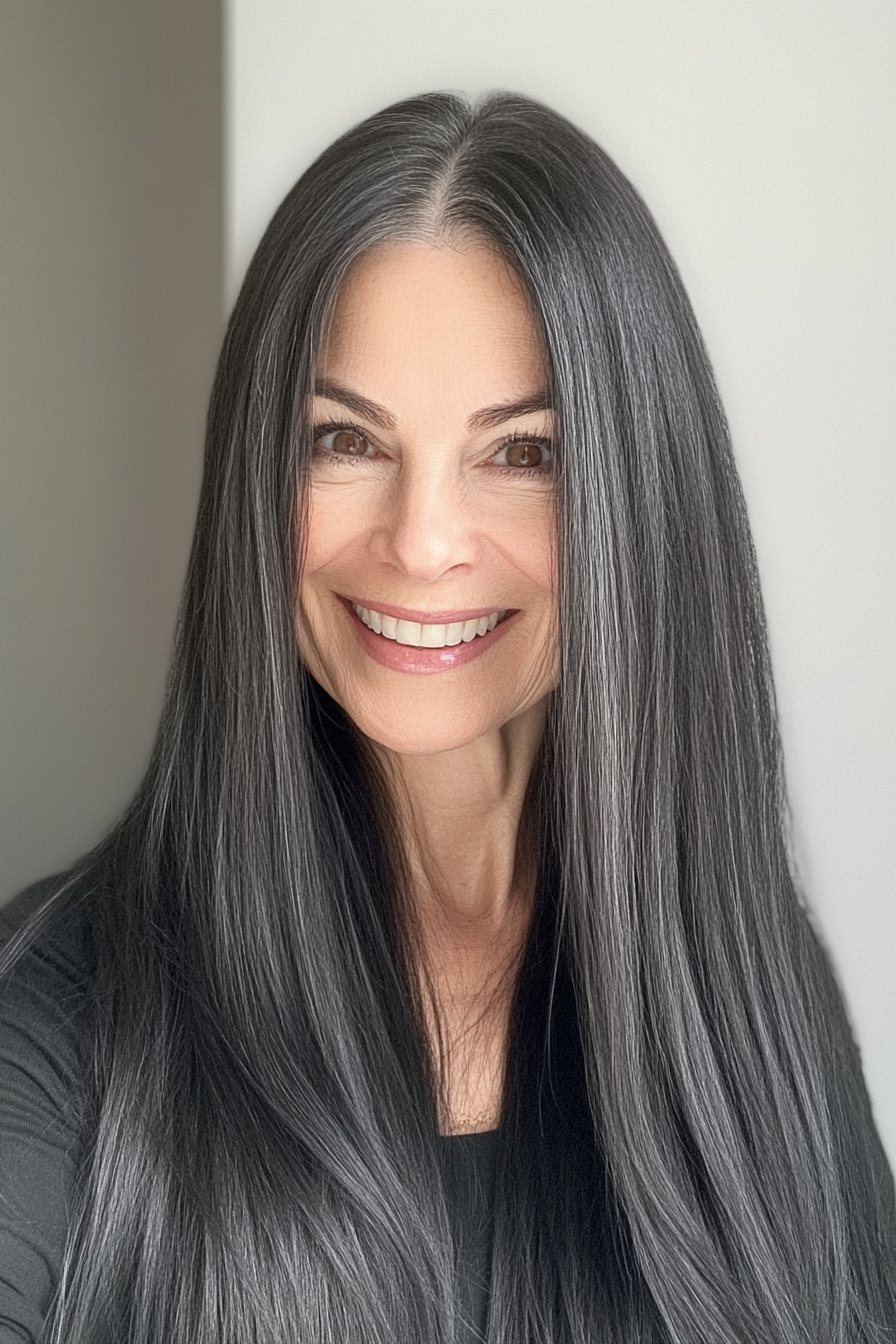 10. Silky Straight with a Soft Black Tint (Hairstyles For Women Over 60 With Long Hair) - Hairstyles For Women Over 60 With Long Hair