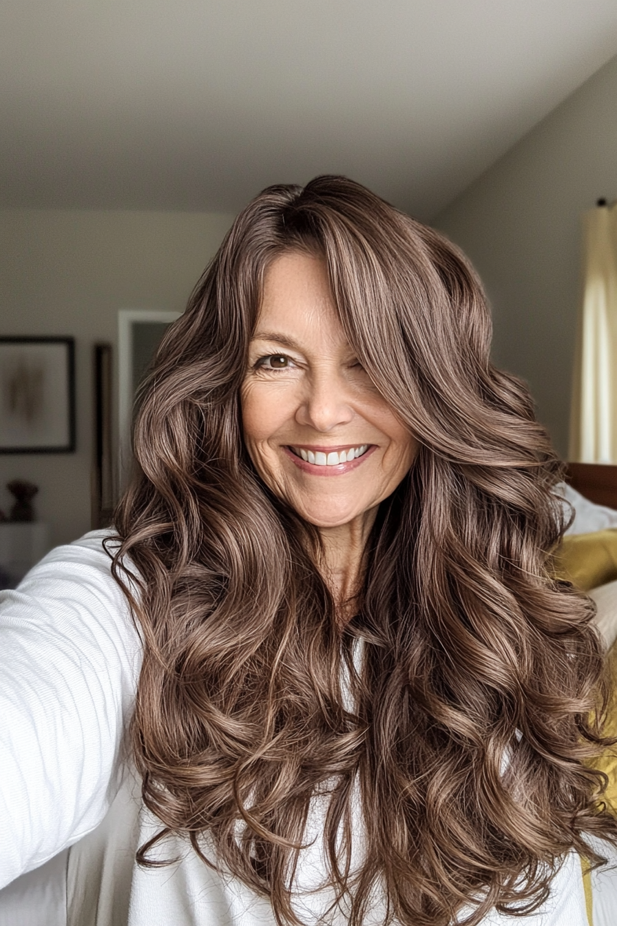 11. Bohemian Soft Curls in Warm Chocolate Brown (Hairstyles For Women Over 60 With Long Hair) - Hairstyles For Women Over 60 With Long Hair