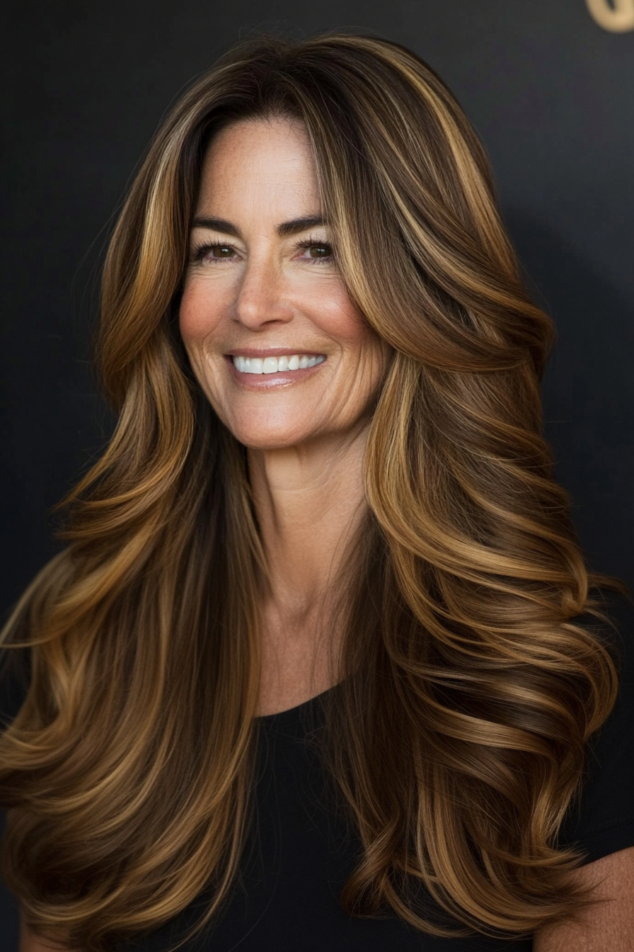 13. Softly Layered with Caramel Highlights (Hairstyles For Women Over 60 With Long Hair) - Hairstyles For Women Over 60 With Long Hair