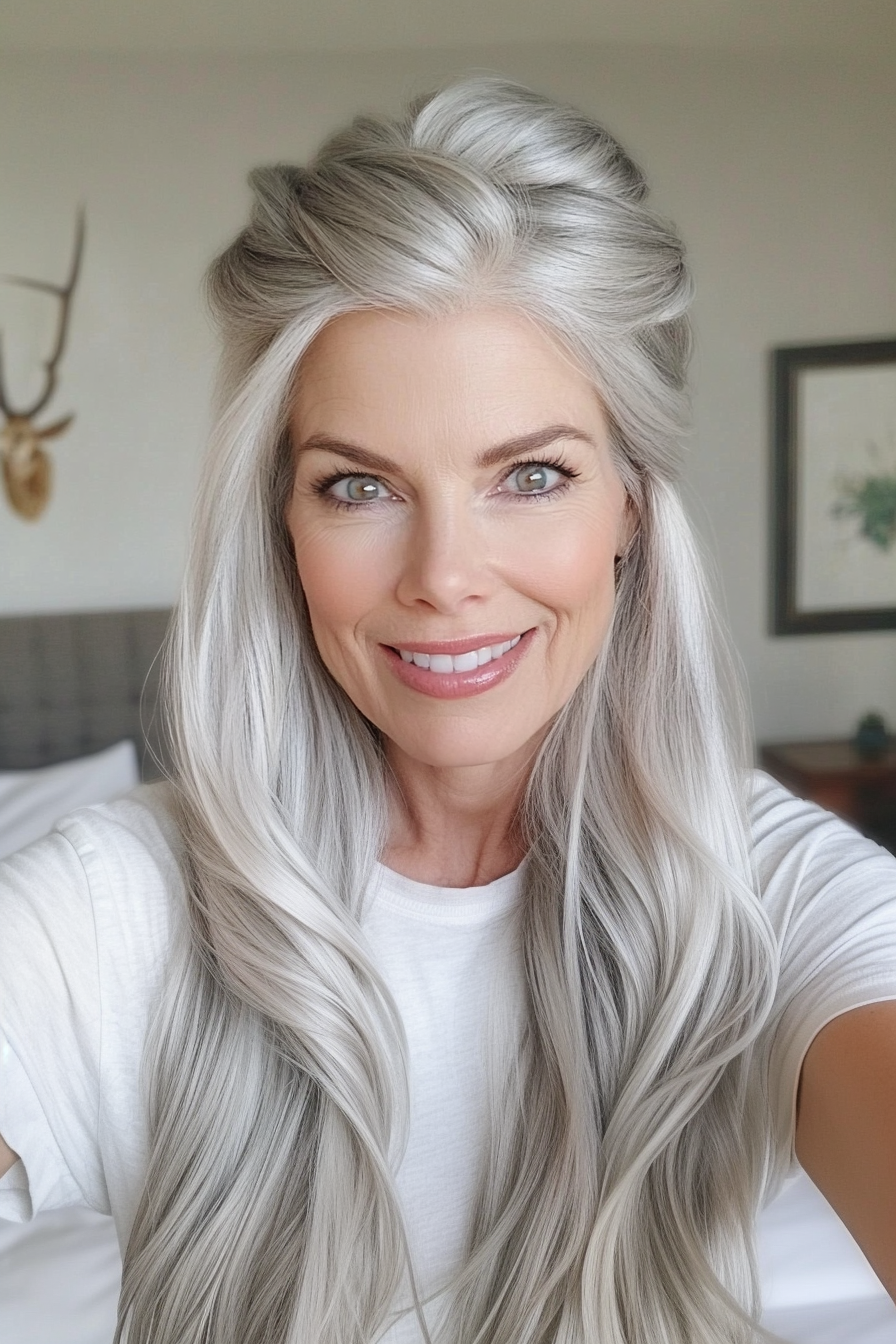 15. Elegant Half-Up Twist in Silver Blonde (Hairstyles For Women Over 60 With Long Hair) - Hairstyles For Women Over 60 With Long Hair