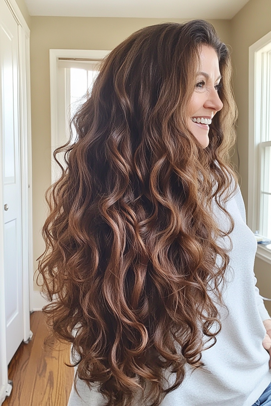 21. Long Voluminous Curls in Deep Chestnut (Hairstyles For Women Over 60 With Long Hair) - Hairstyles For Women Over 60 With Long Hair