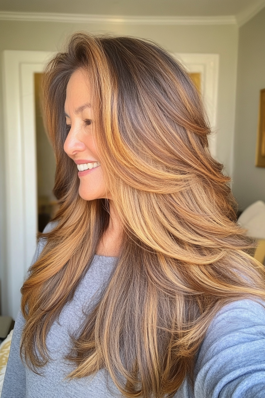 23. Low-Maintenance Layers in Golden Brown (Hairstyles For Women Over 60 With Long Hair) - Hairstyles For Women Over 60 With Long Hair