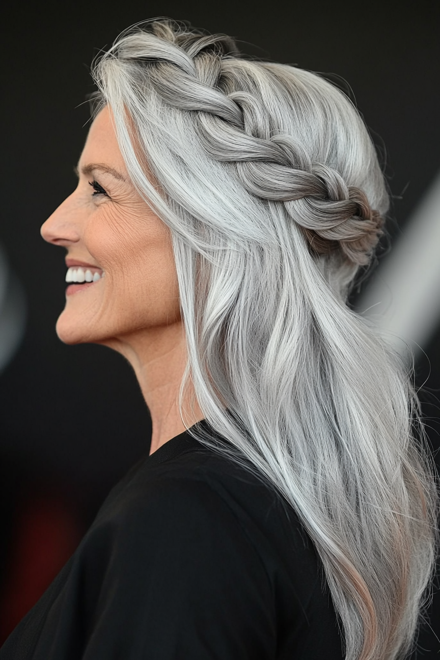24. Braided Crown in Soft Silver (Hairstyles For Women Over 60 With Long Hair) - Hairstyles For Women Over 60 With Long Hair