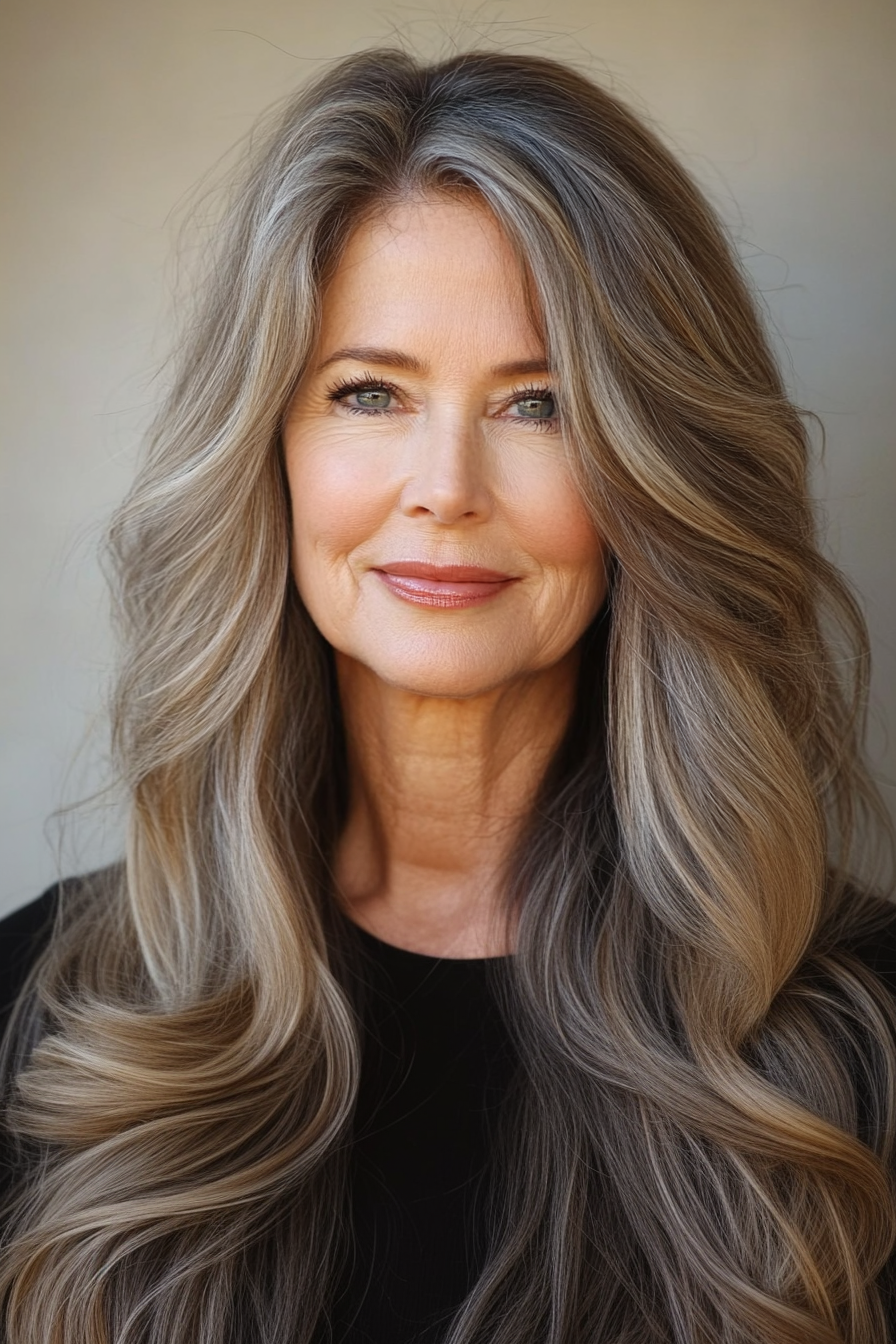 25. Loose Waves with Sun-Kissed Caramel Tones (Hairstyles For Women Over 60 With Long Hair) - Hairstyles For Women Over 60 With Long Hair