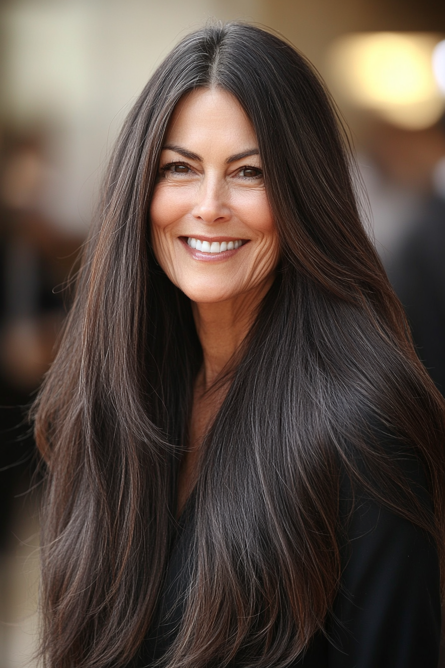 26. Long Tapered Cut in Classic Dark Brown (Hairstyles For Women Over 60 With Long Hair) - Hairstyles For Women Over 60 With Long Hair