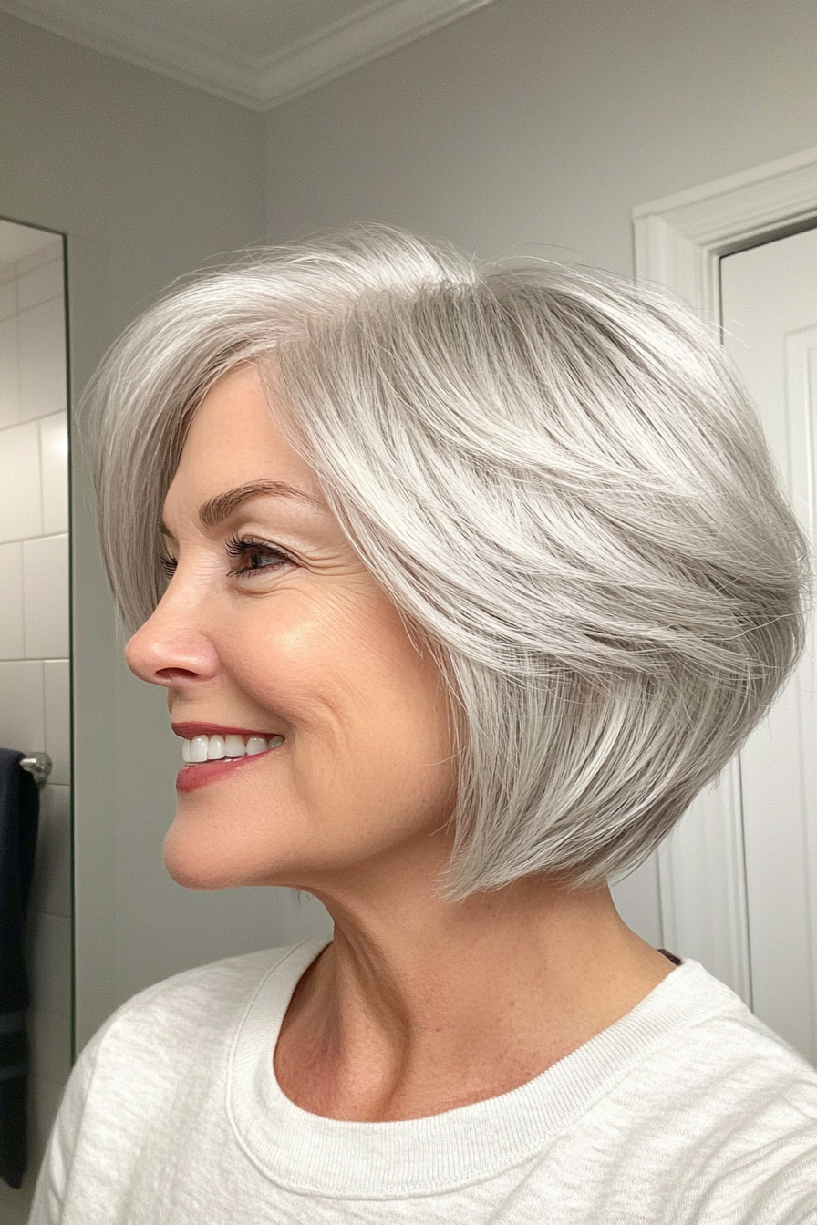 2. Layered Bob in Natural Silver (Short Hairstyles For Older Women With Thin Hair) - Short Hairstyles For Older Women With Thin Hair