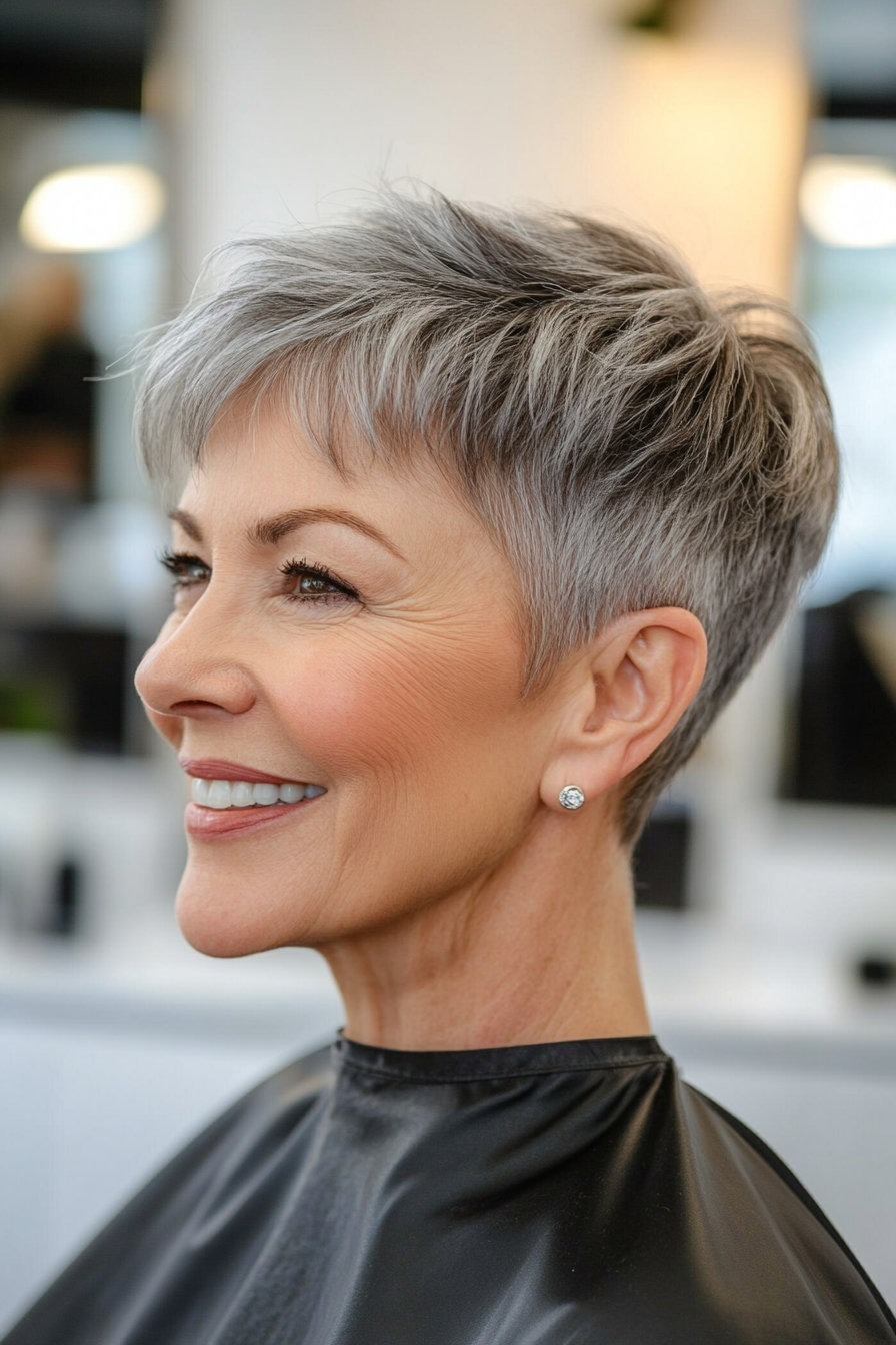7. Classic Boyish Crop in Salt and Pepper (Short Hairstyles For Older Women With Thin Hair) - Short Hairstyles For Older Women With Thin Hair