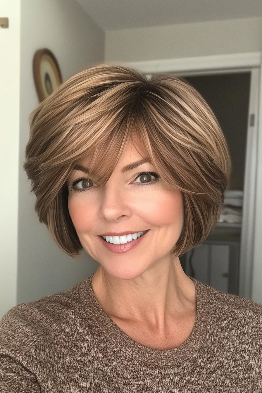 8. Voluminous Stacked Bob in Soft Caramel Brown (Short Hairstyles For Older Women With Thin Hair) - Short Hairstyles For Older Women With Thin Hair