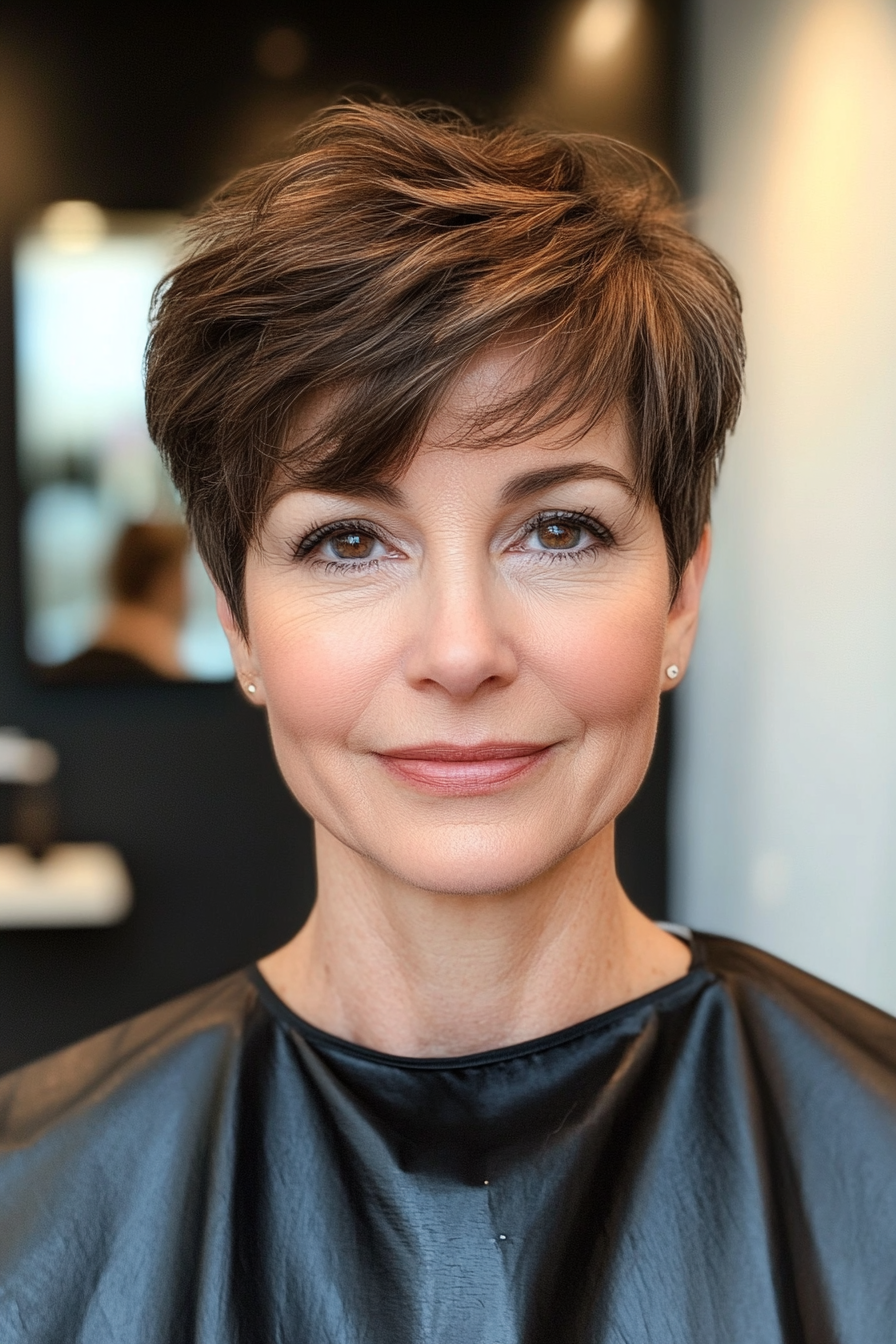 9. Side-Swept Pixie in Natural Light Brown (Short Hairstyles For Older Women With Thin Hair) - Short Hairstyles For Older Women With Thin Hair