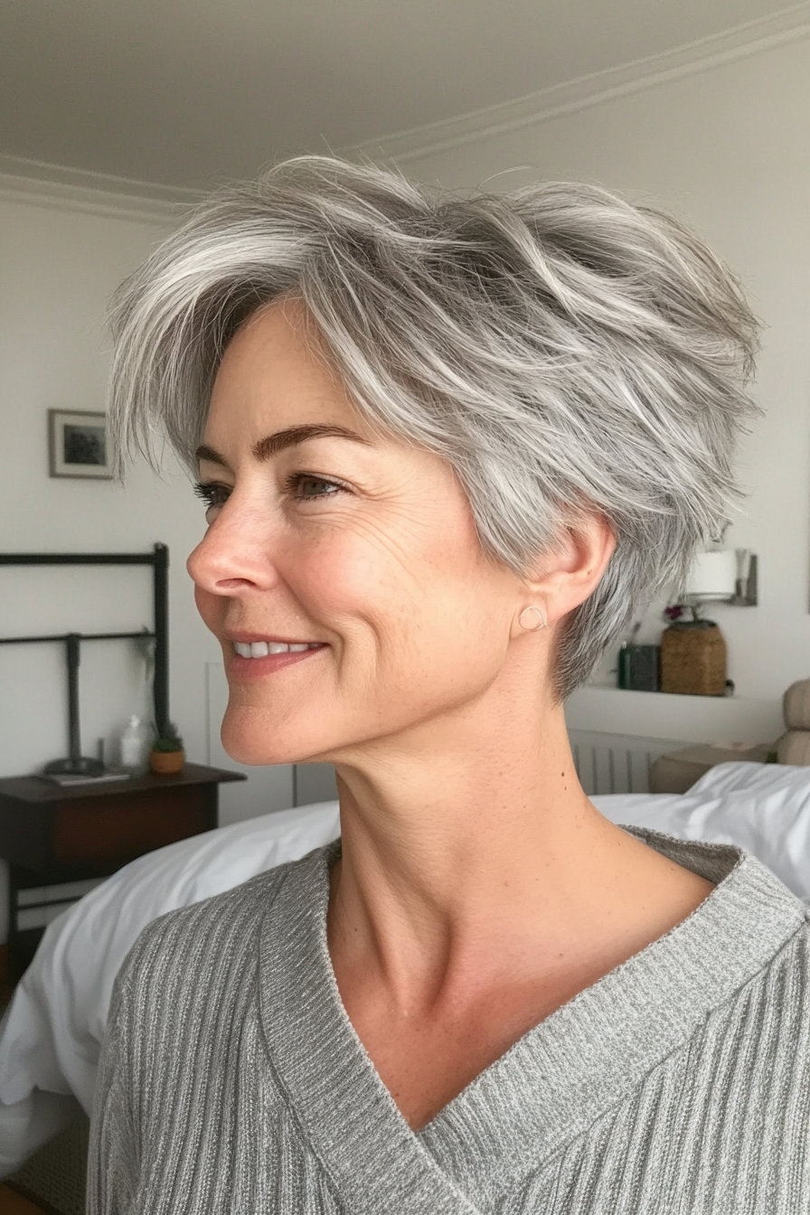 13. Messy Pixie with Soft Gray Blending (Short Hairstyles For Older Women With Thin Hair) - Short Hairstyles For Older Women With Thin Hair