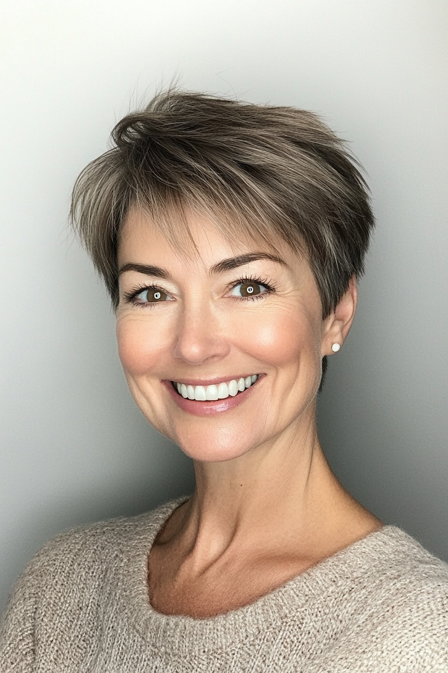 14. Short Crop with Ash Brown Highlights (Short Hairstyles For Older Women With Thin Hair) - Short Hairstyles For Older Women With Thin Hair