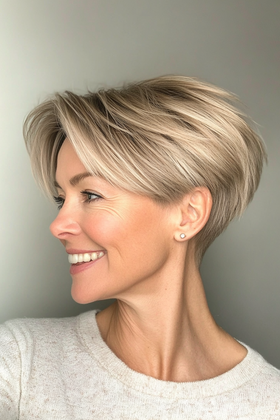 16. Pixie Cut with Side Layers in Sandy Blonde (Short Hairstyles For Older Women With Thin Hair) - Short Hairstyles For Older Women With Thin Hair