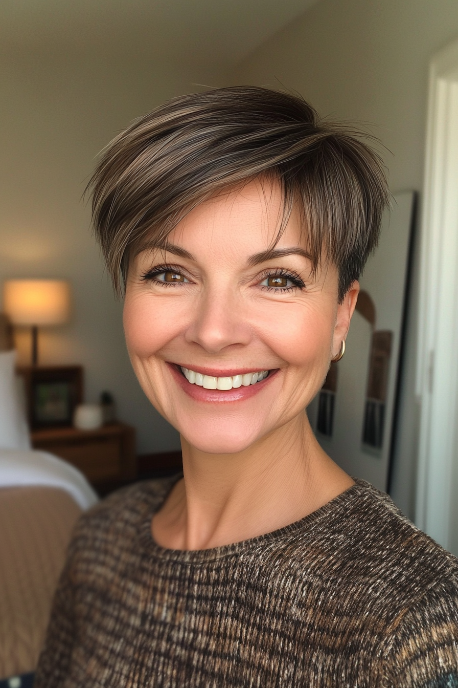 26. Undercut Pixie with Warm Dark Brown (Short Hairstyles For Older Women With Thin Hair) - Short Hairstyles For Older Women With Thin Hair