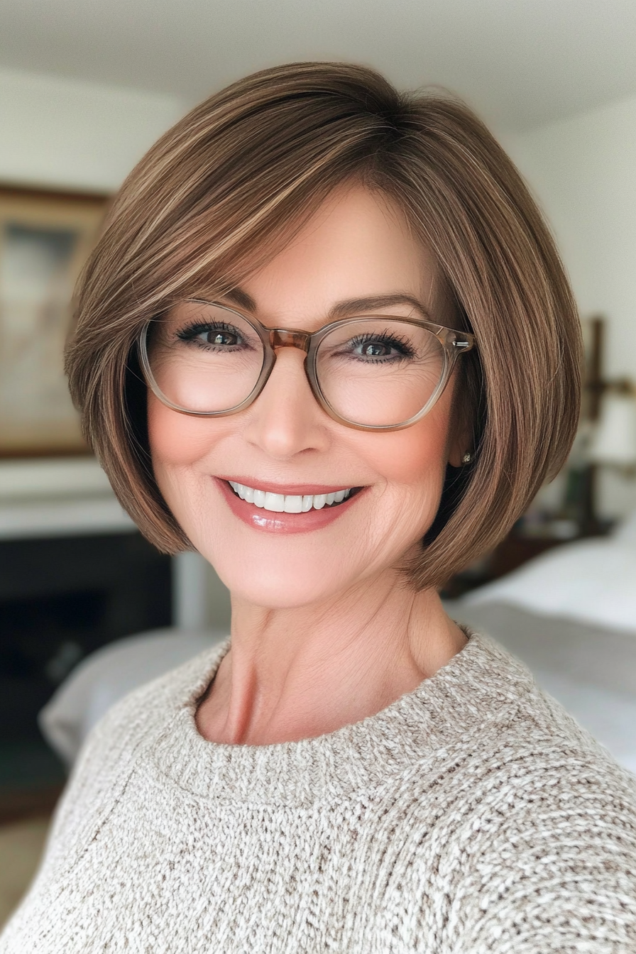 2. Layered Bob in Warm Brunette (Short Hairstyles For Women Over 70 With Glasses) - Short Hairstyles For Women Over 70 With Glasses