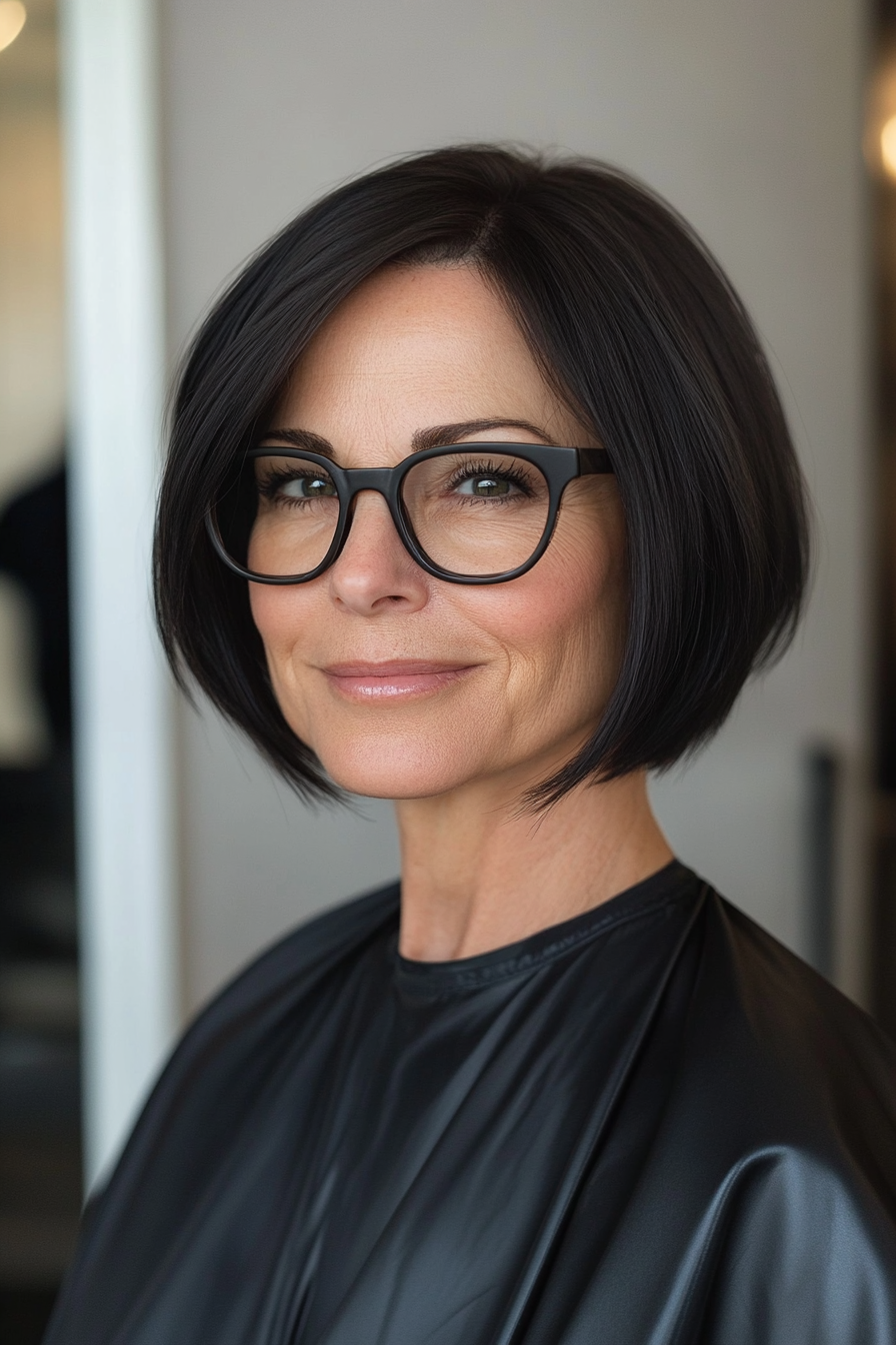 6. Classic Chin-Length Bob in Deep Black (Short Hairstyles For Women Over 70 With Glasses) - Short Hairstyles For Women Over 70 With Glasses