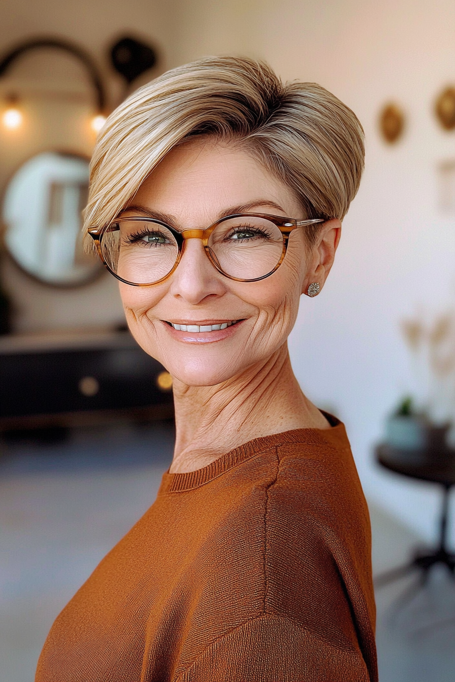 11. Side-Swept Pixie in Honey Blonde (Short Hairstyles For Women Over 70 With Glasses) - Short Hairstyles For Women Over 70 With Glasses