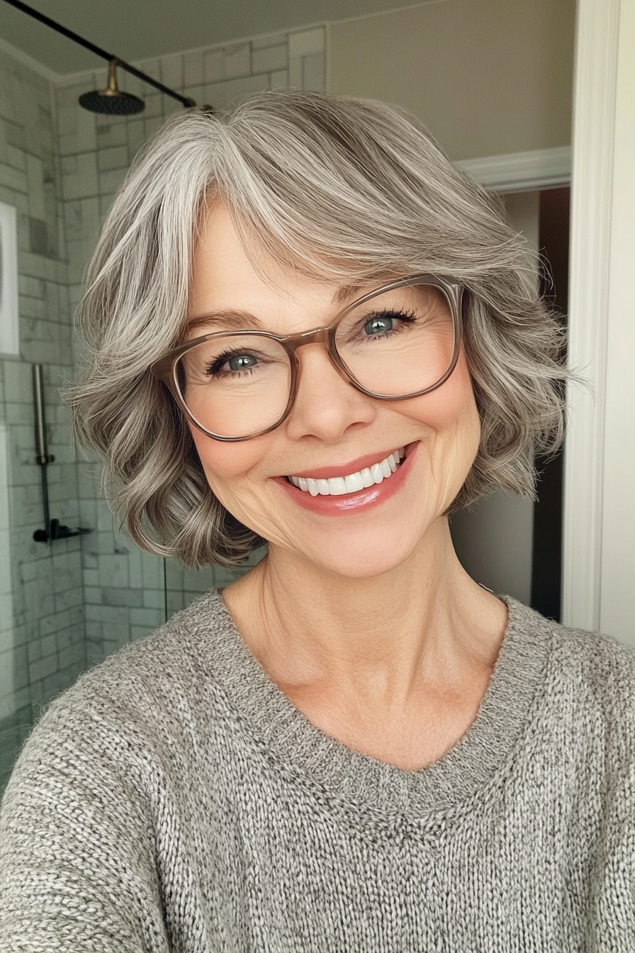 18. Wavy Bob with Bangs in Smoky Gray (Short Hairstyles For Women Over 70 With Glasses) - Short Hairstyles For Women Over 70 With Glasses