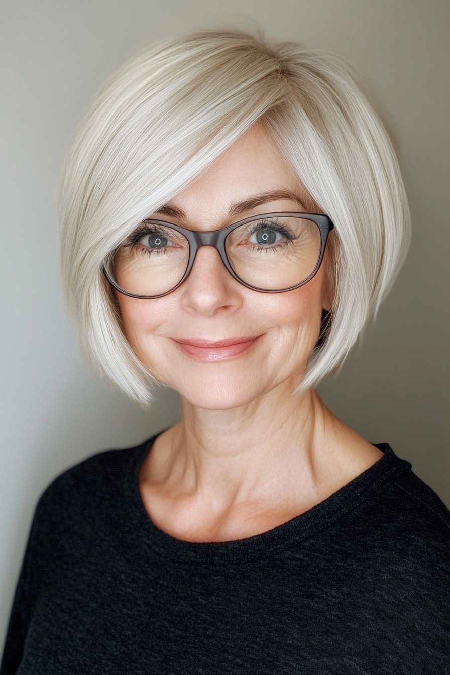 20. Tapered Bob with Side Bangs in Platinum Blonde (Short Hairstyles For Women Over 70 With Glasses) - Short Hairstyles For Women Over 70 With Glasses