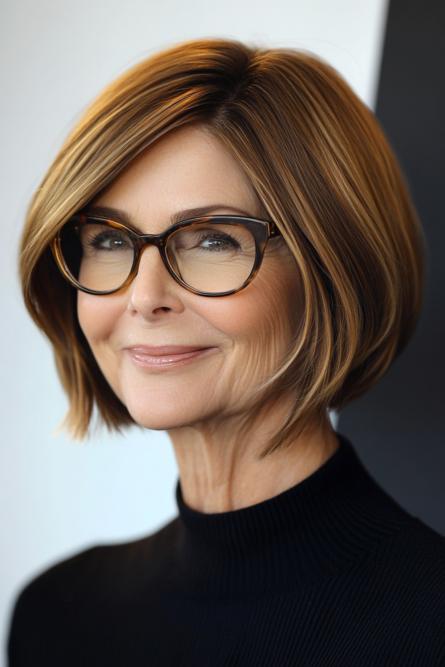 23. Asymmetrical Bob in Warm Honey Brown (Short Hairstyles For Women Over 70 With Glasses) - Short Hairstyles For Women Over 70 With Glasses