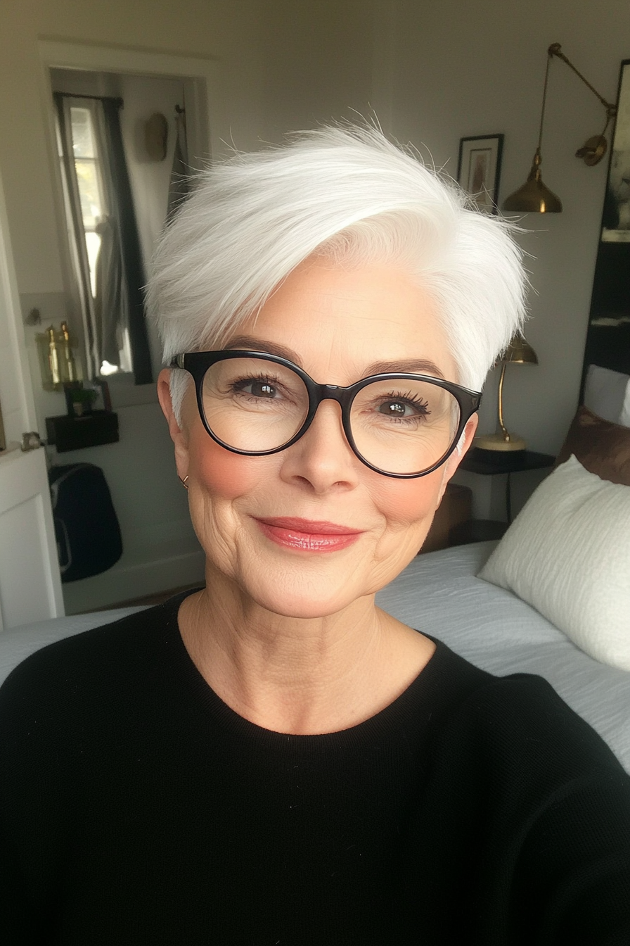 24. Classic Boyish Cut in Snow White (Short Hairstyles For Women Over 70 With Glasses) - Short Hairstyles For Women Over 70 With Glasses